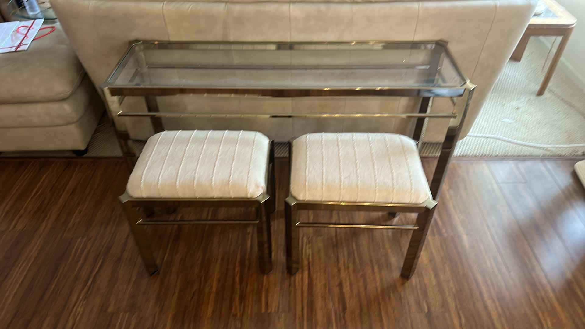 Photo 6 of MIDCENTURY MODERN 1979s MILO BAUGHMAN STYLE BRASS AND GLASS CONSOLE TABLE  w 2 STOOLS 51 1/2“ x 16“ x 26 1/2“