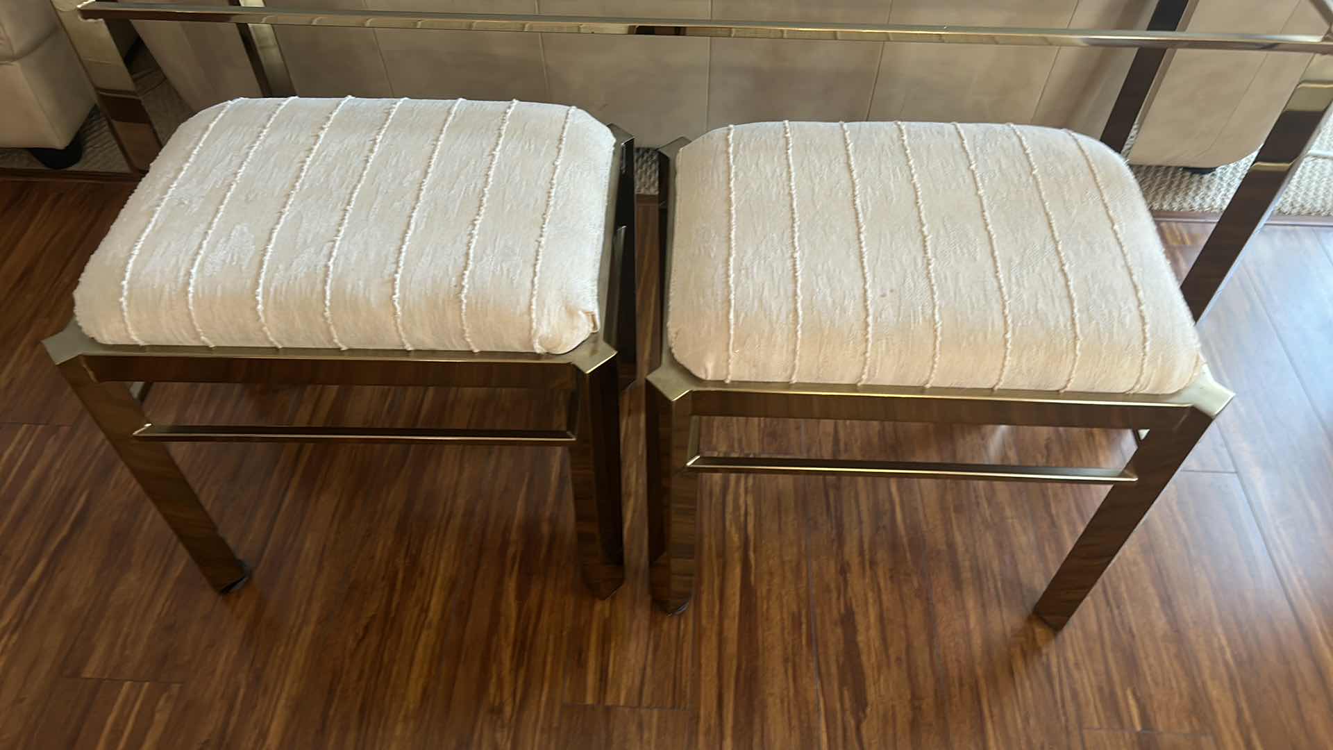 Photo 8 of MIDCENTURY MODERN 1979s MILO BAUGHMAN STYLE BRASS AND GLASS CONSOLE TABLE  w 2 STOOLS 51 1/2“ x 16“ x 26 1/2“