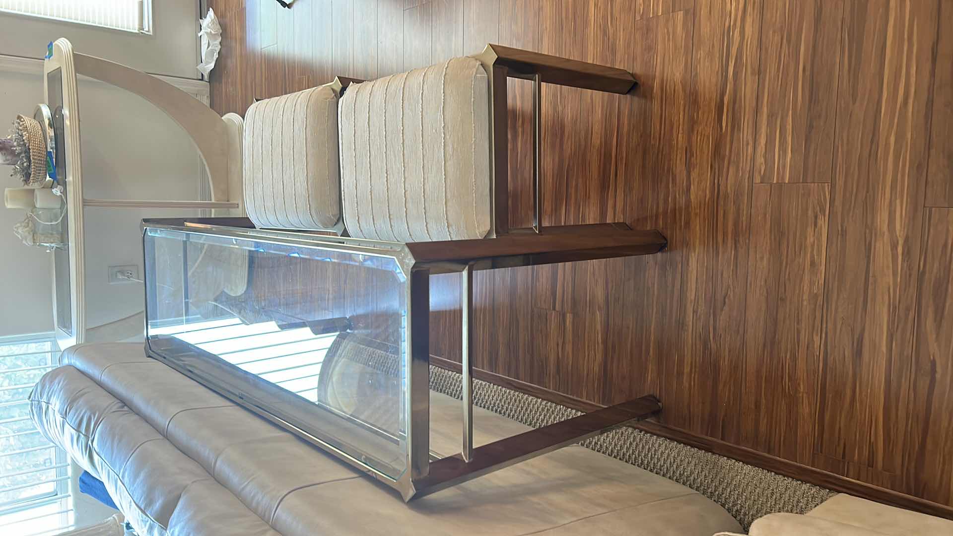 Photo 3 of MIDCENTURY MODERN 1979s MILO BAUGHMAN STYLE BRASS AND GLASS CONSOLE TABLE  w 2 STOOLS 51 1/2“ x 16“ x 26 1/2“