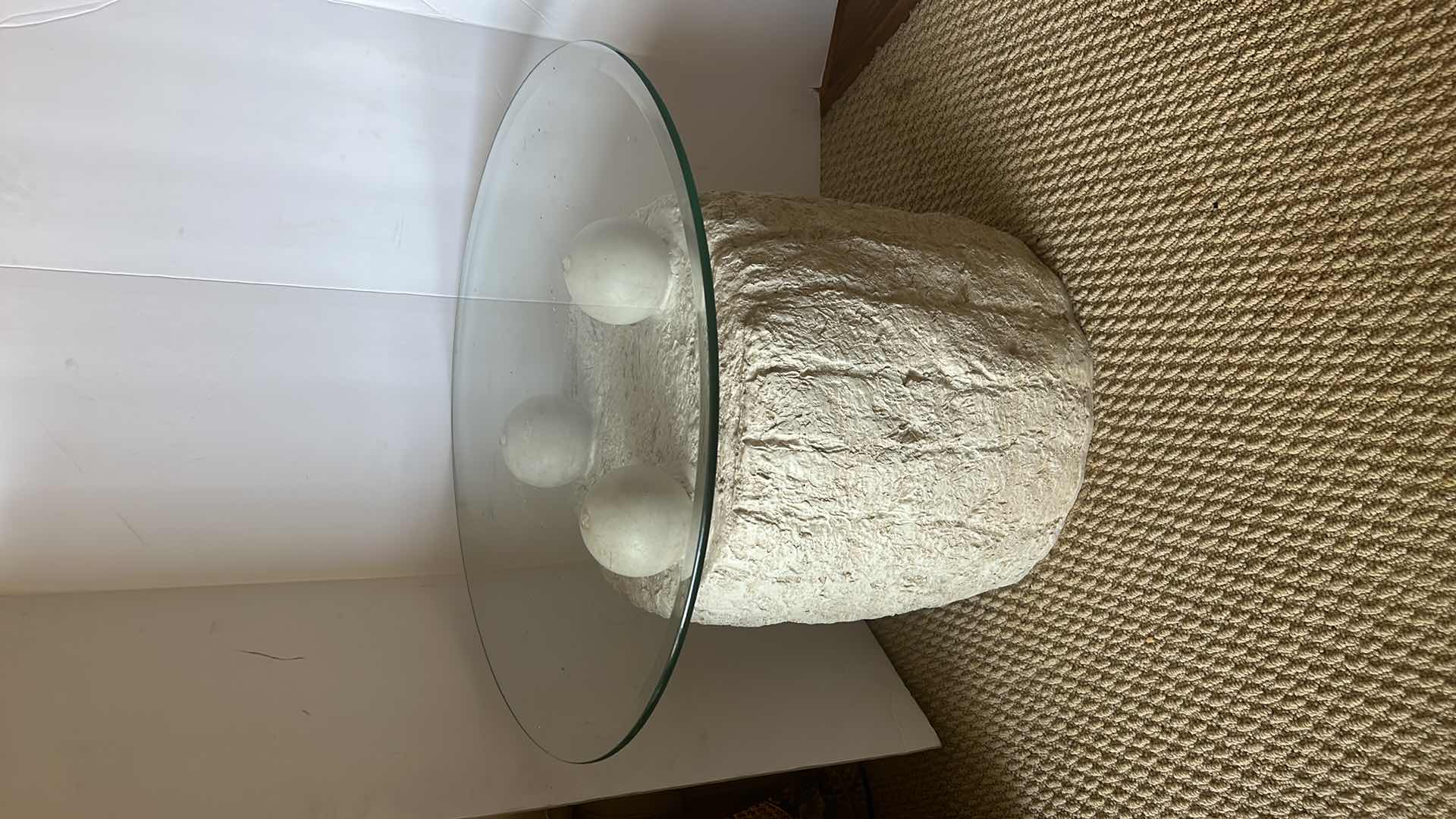 Photo 4 of UNIQUE POSTMODERN TESSELLATED STONE SIDE TABLE. Features a glass top which rests on three stone spheres., 
 23 1/2” x 19” ($300 to $800 online)
