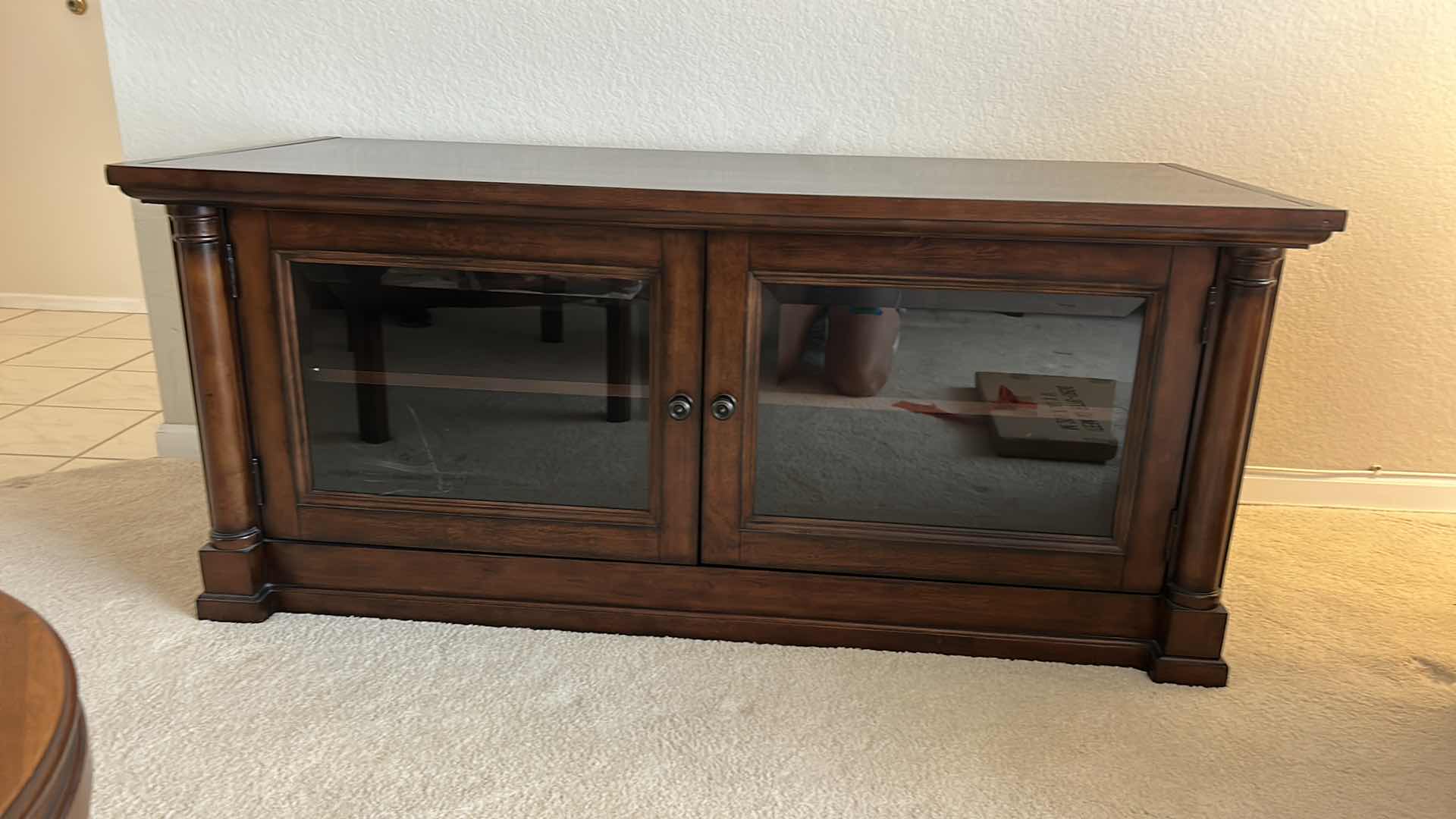 Photo 6 of BASSET WOOD MEDIA CABINET WITH BEVELED GLASS AND COMES WITH REMOVABLE WOOD INSERTS TO CHANGE OUT GLASS. 59” x 24.5” x H26”