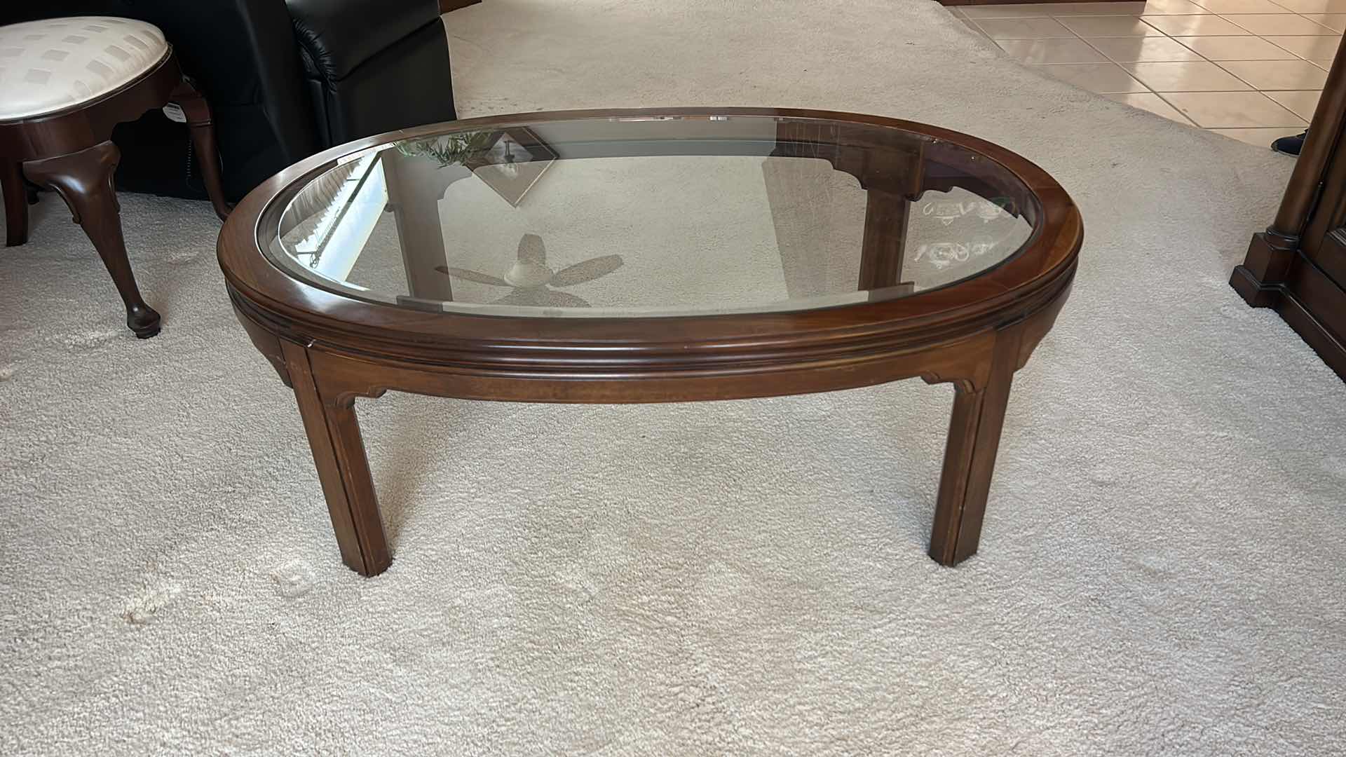 Photo 7 of ETHAN ALLEN WOOD COFFEE TABLE WITH BEVELED GLASS TOP 44” x 29.5”