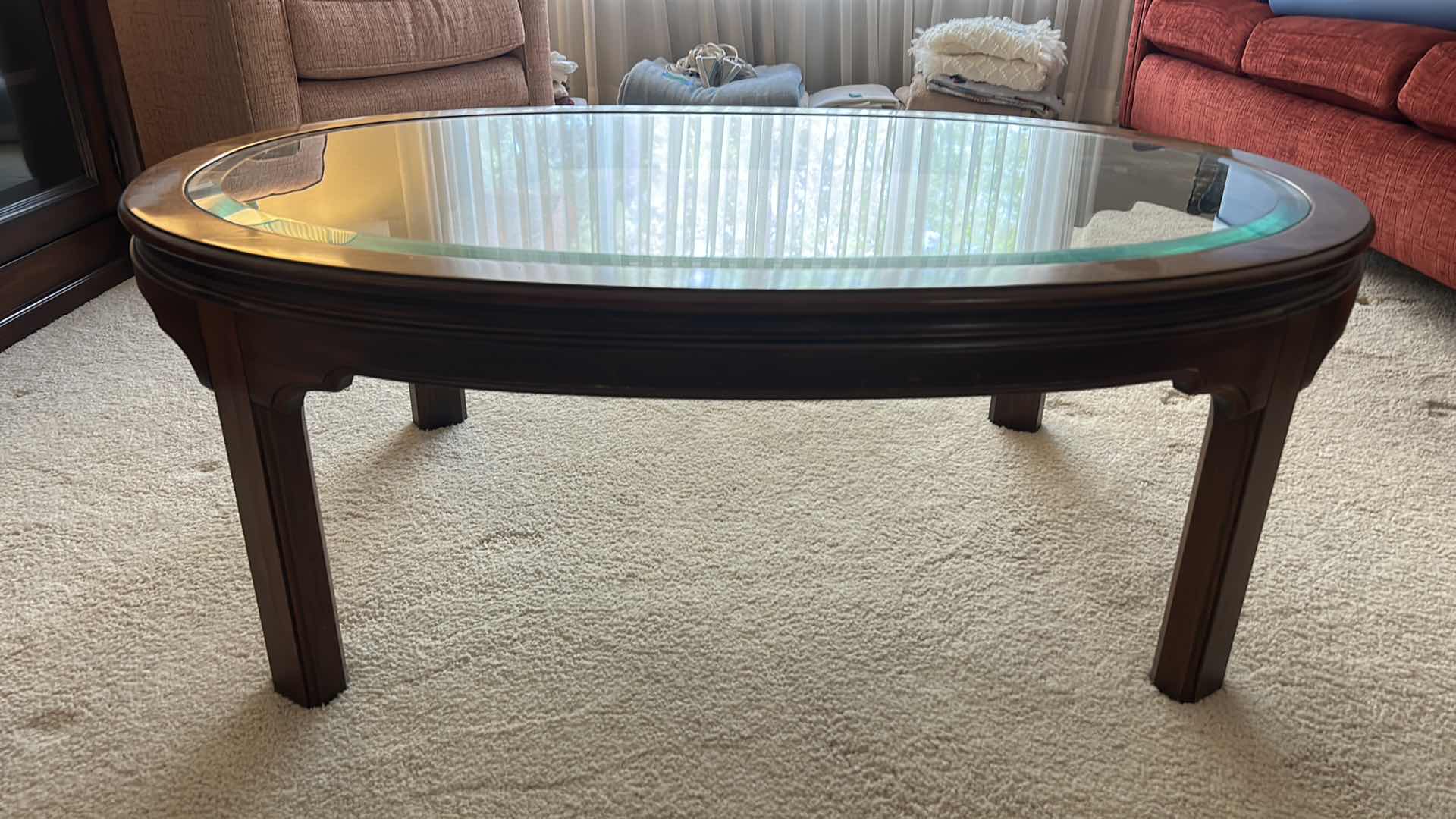 Photo 3 of ETHAN ALLEN WOOD COFFEE TABLE WITH BEVELED GLASS TOP 44” x 29.5”