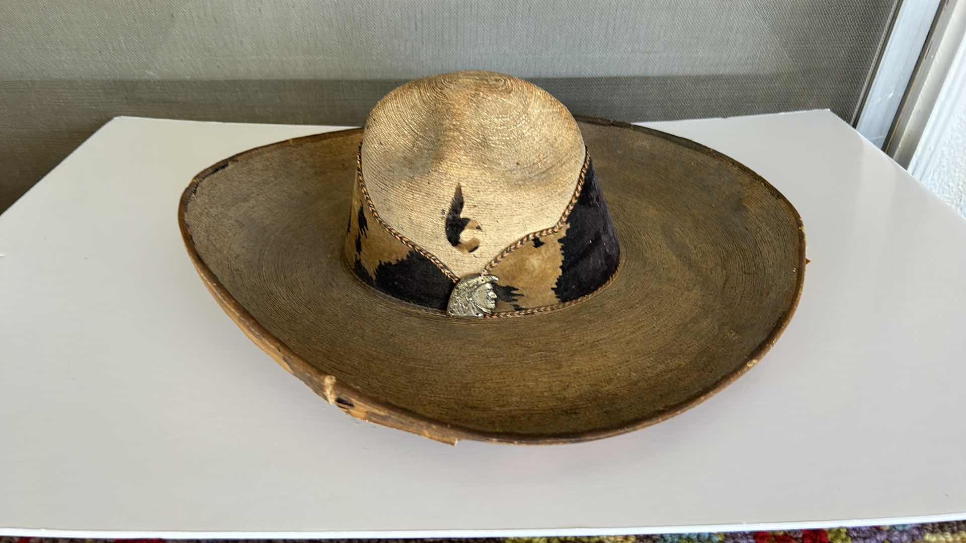 Photo 4 of VINTAGE SOMBRERO WITH LEATHER BAND AND SILVER INDIANS.