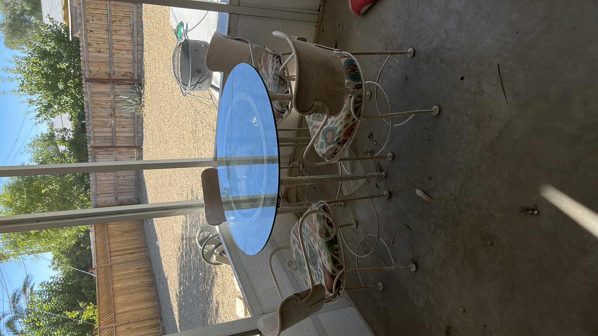 Photo 10 of VINTAGE METAL PATIO DINING SET, ANTIQUE WHITE WITH GLASS TOP 42' ROUND AND 4 CHAIRS