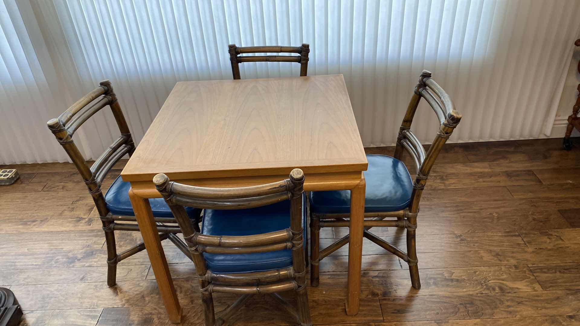 Photo 2 of WOOD GAME TABLE WITH 4 PEACOCK BLUE VINYL SEAT BAMBOO CHAIRS 32” x 30”