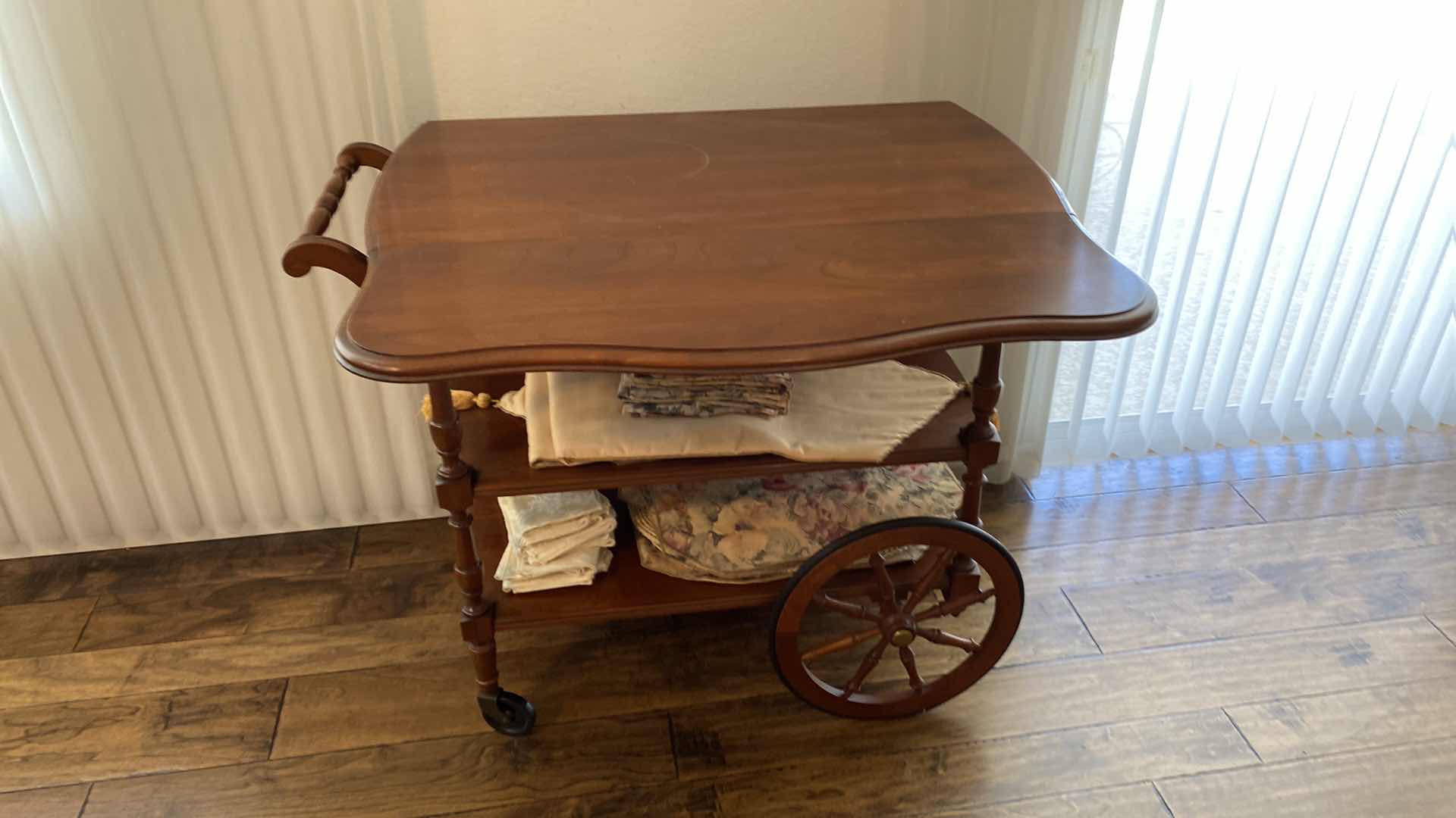 Photo 4 of VINTAGE WOOD BAR CART 31“ x 18“ H 30“AND ASSORTED LINENS