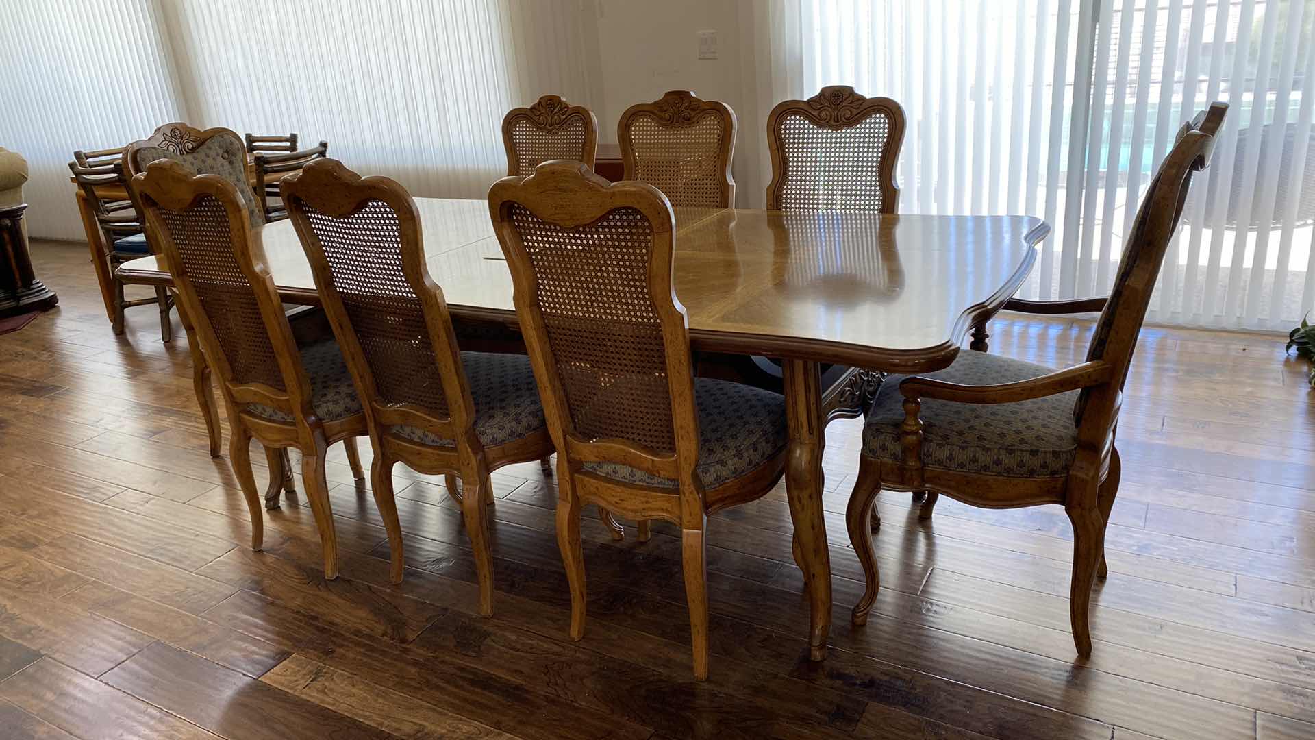 Photo 1 of DREXEL HERITAGE CABERNET PECAN FORMAL DINING WITH 8 CANE CHAIRS CUSTOMIZED WITG EXTRA LEAF TO FIT 14-16 PEOPLE 71” X 42” H 30” NO LEAFS- 3 LEAFS 20” EACH = 131”