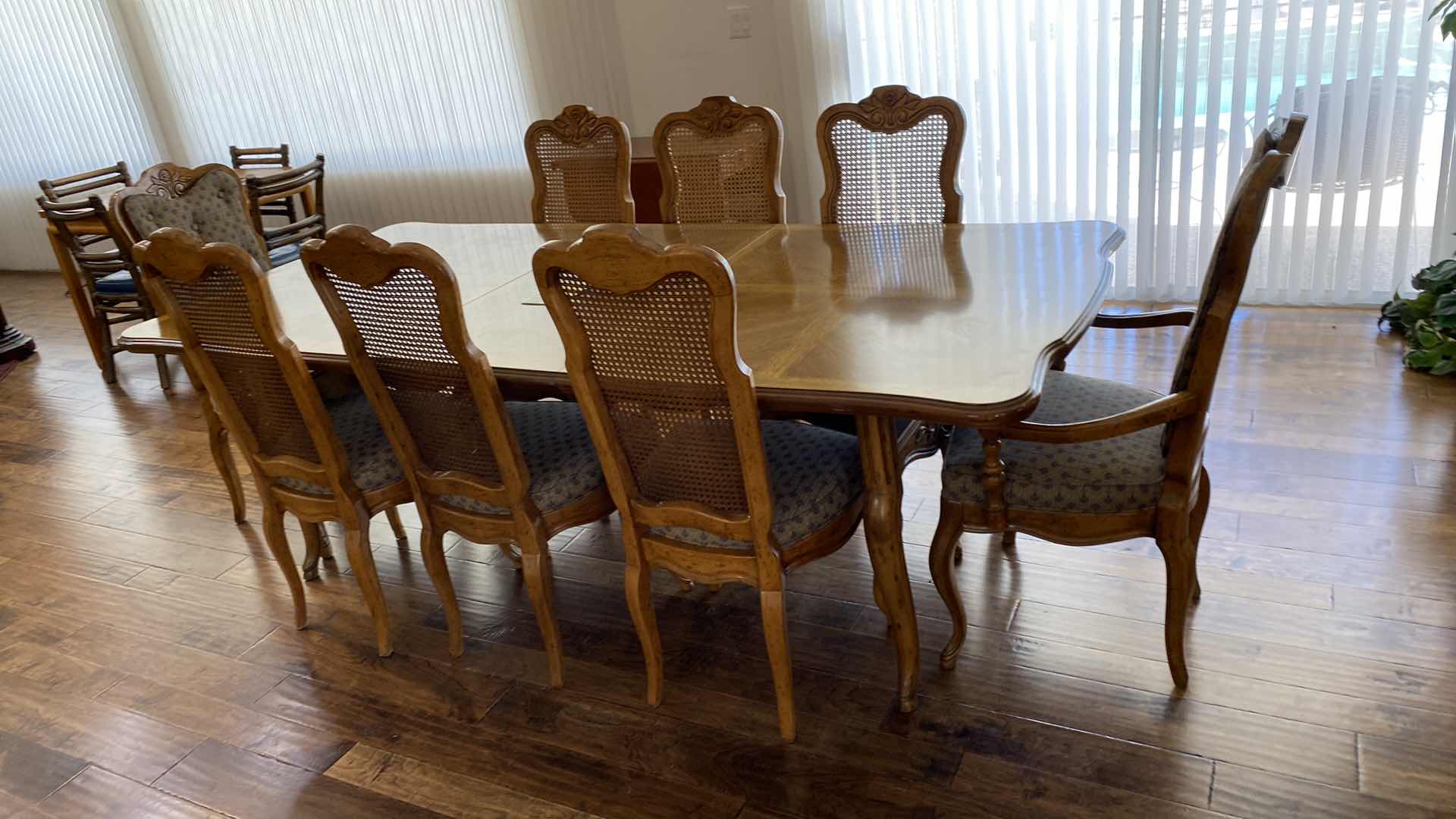 Photo 12 of DREXEL HERITAGE CABERNET PECAN FORMAL DINING WITH 8 CANE CHAIRS CUSTOMIZED WITG EXTRA LEAF TO FIT 14-16 PEOPLE 71” X 42” H 30” NO LEAFS- 3 LEAFS 20” EACH = 131”