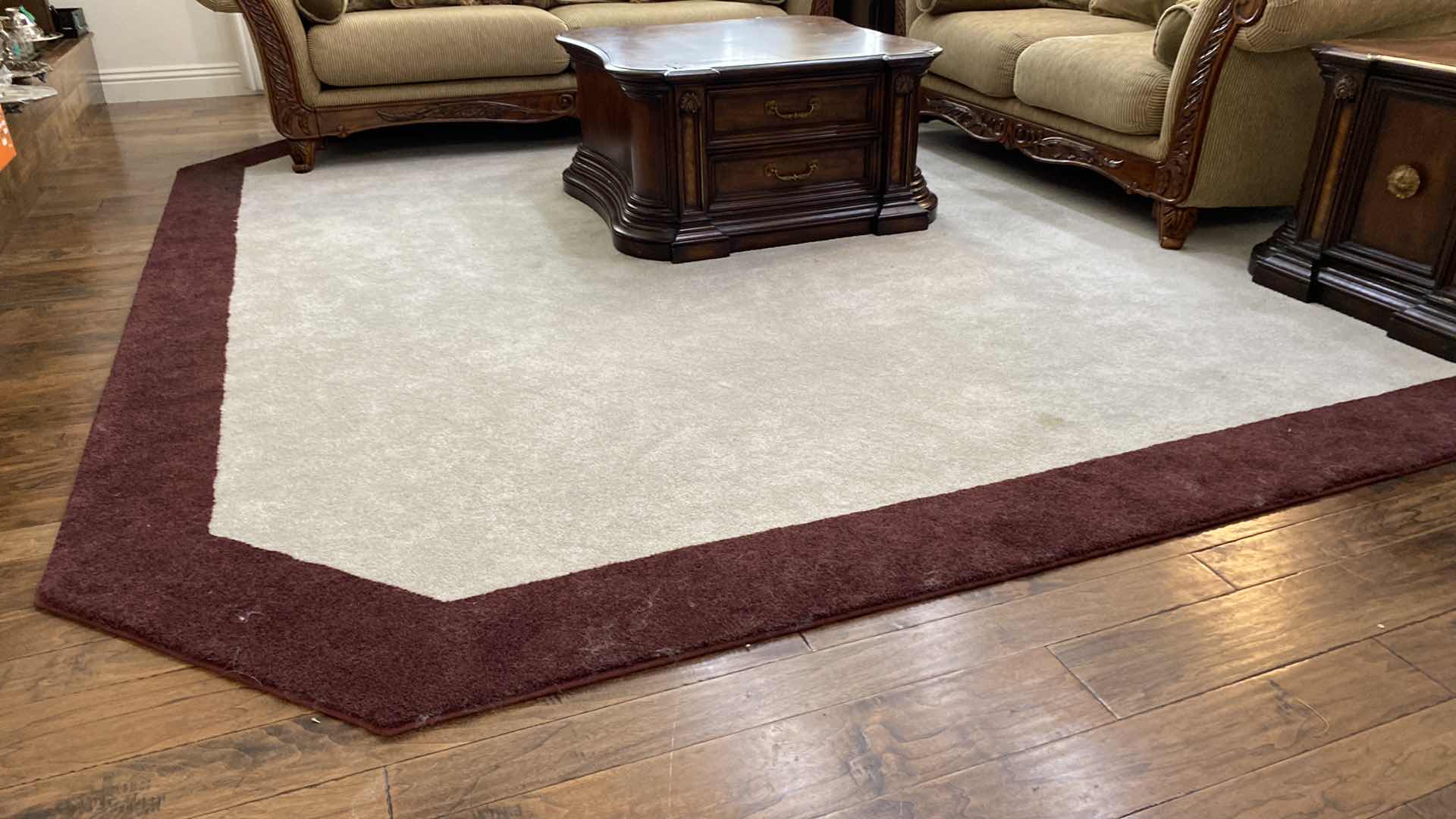 Photo 1 of CUSTOM AREA PLUSH RUG WITH ATTACHED FELT BACKING BURGUNDY AND CREAM 12’ x 12’