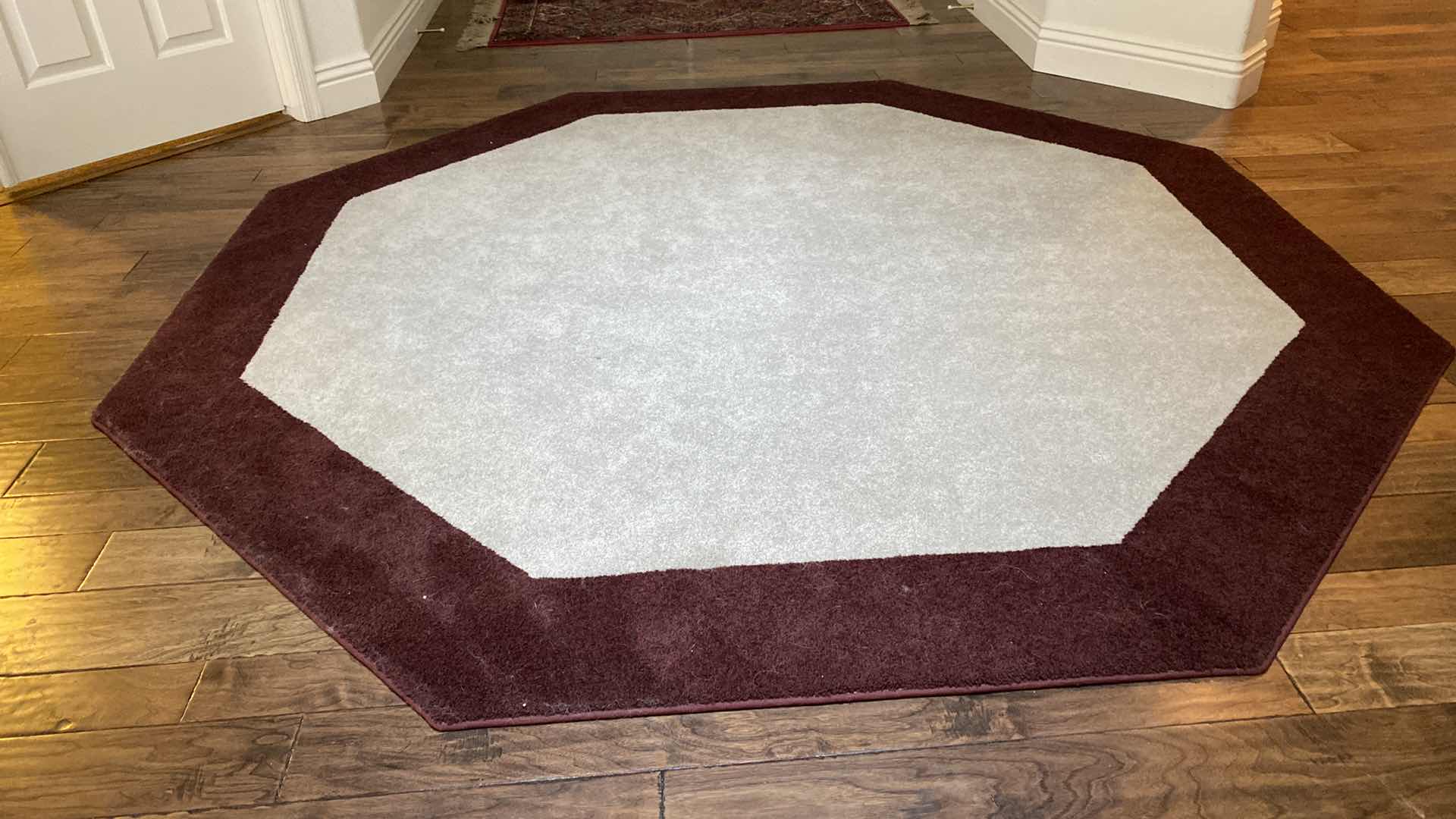 Photo 1 of CUSTOM AREA PLUSH RUG WITH ATTACHED FELT BACKING BURGUNDY AND CREAM 8’ X 8’