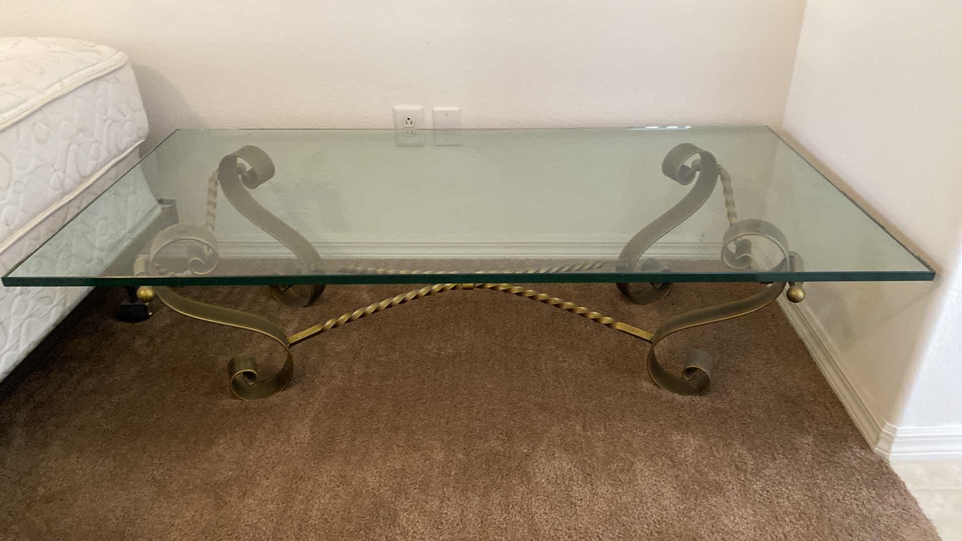 Photo 4 of ANTIQUE BRASS IRON AND 1/2” GLASS COCKTAIL TABLE 60” x 29 1/2”