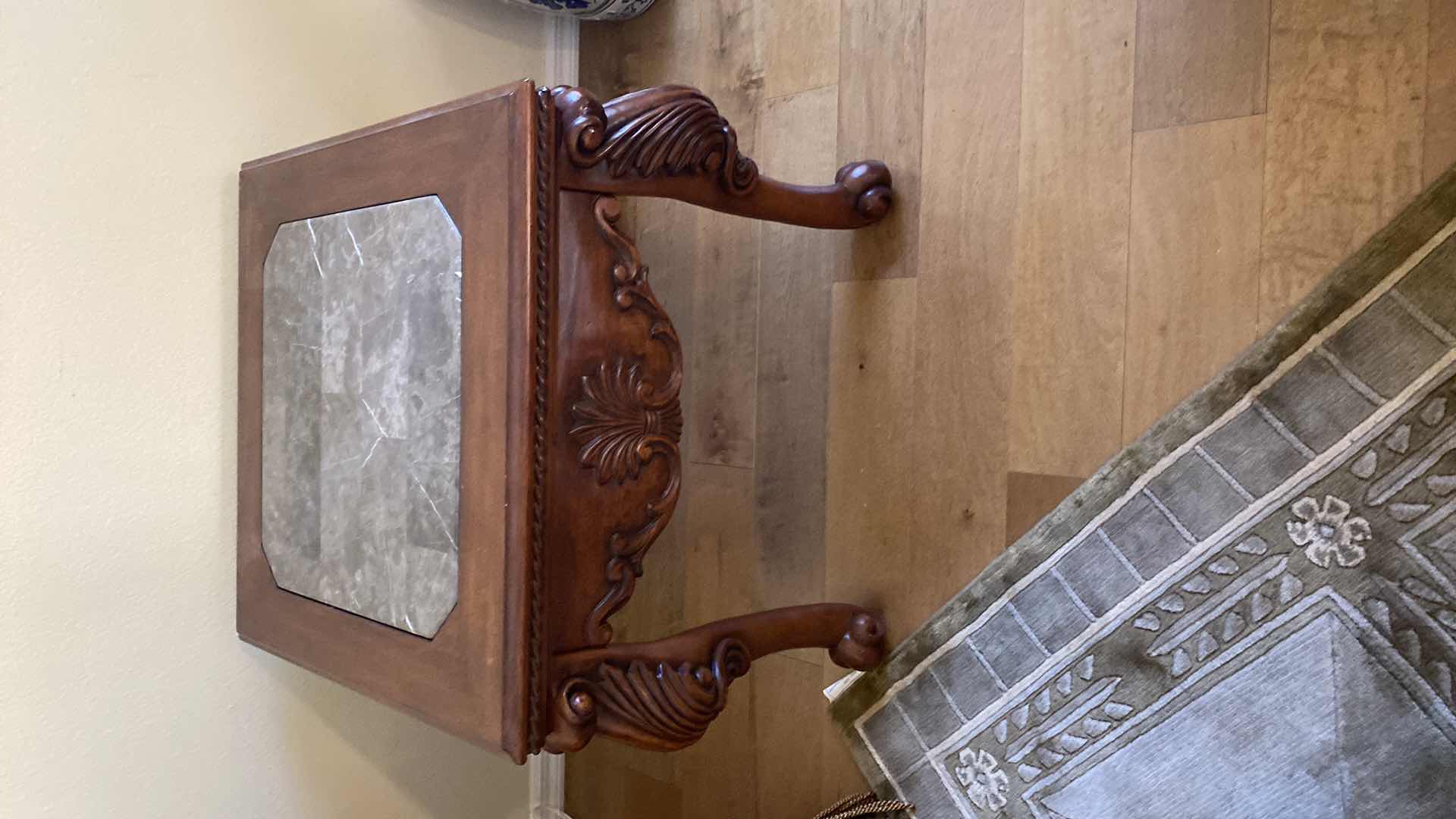 Photo 5 of TRADITIONAL ORNATE WOOD AND MARBLE END TABLE 28“ x 28“ H 26”