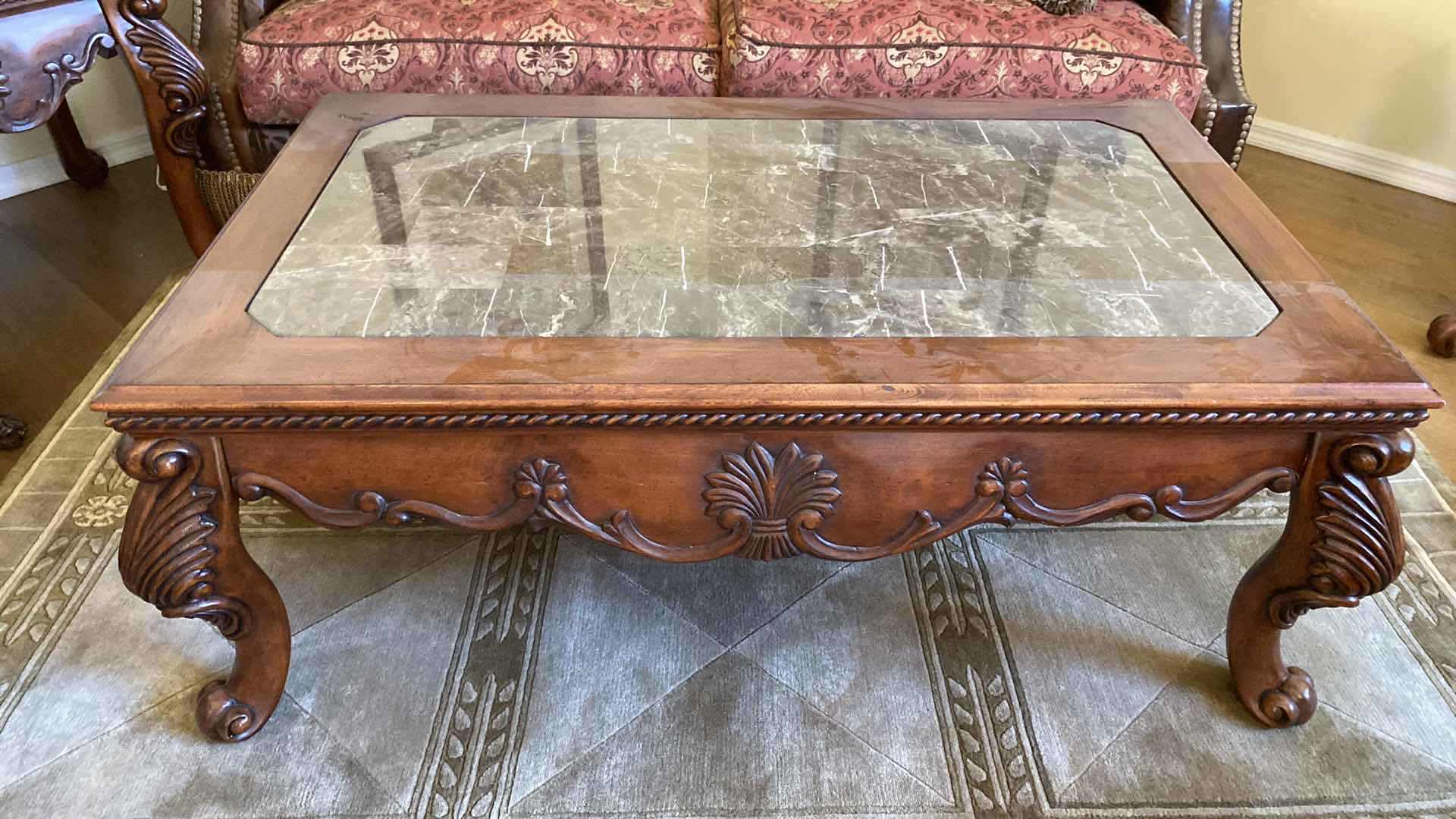 Photo 1 of TRADITIONAL ORNATE WOOD AND MARBLE COCKTAIL TABLE 54” x 32”  H 21”