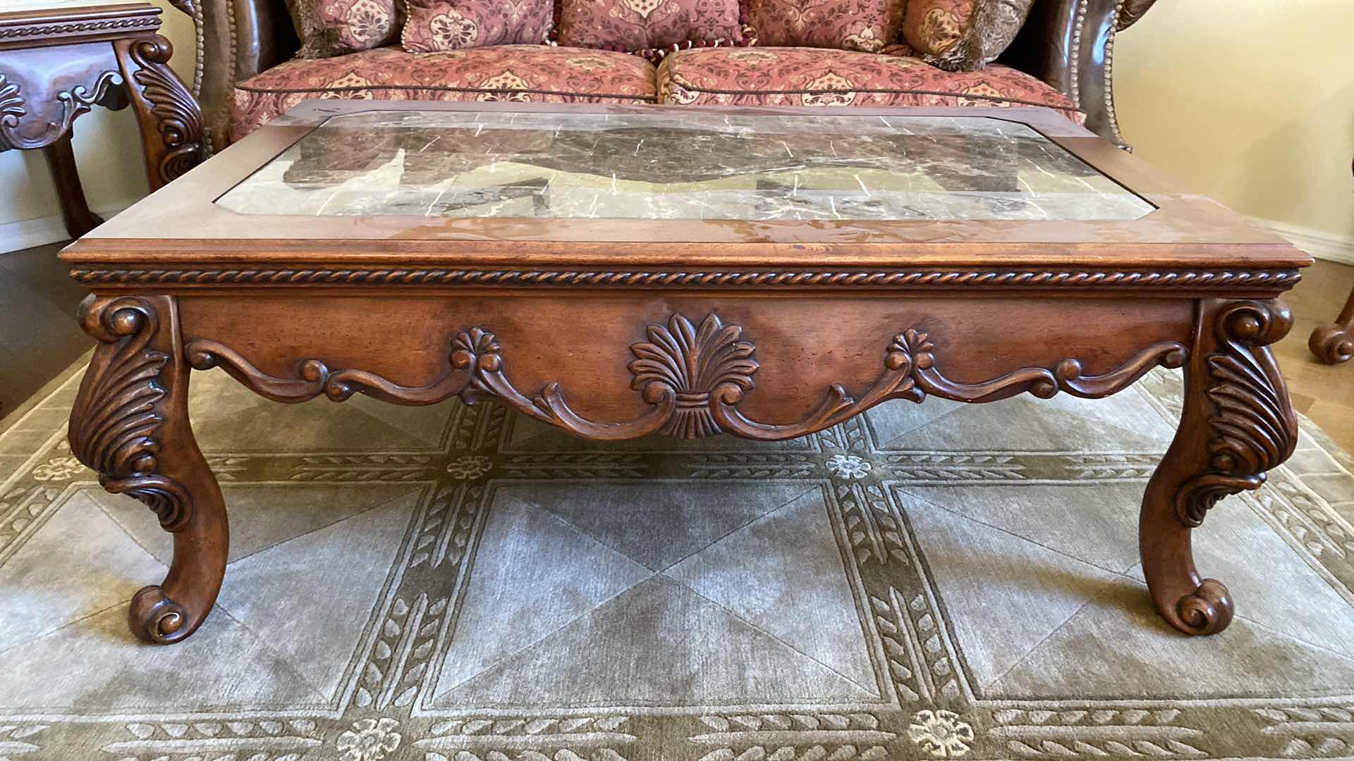 Photo 2 of TRADITIONAL ORNATE WOOD AND MARBLE COCKTAIL TABLE 54” x 32”  H 21”