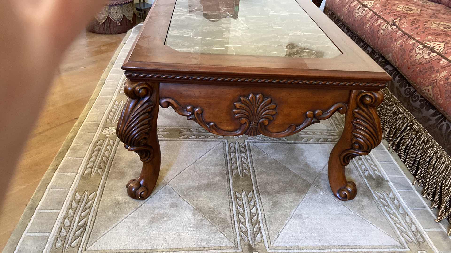 Photo 4 of TRADITIONAL ORNATE WOOD AND MARBLE COCKTAIL TABLE 54” x 32”  H 21”