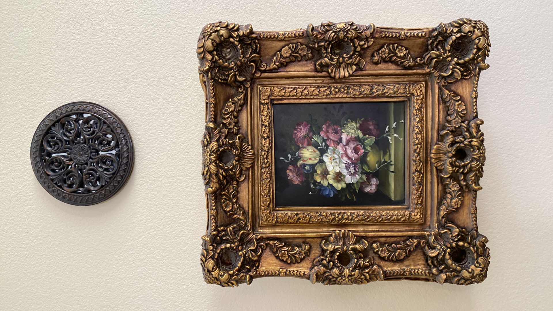 Photo 1 of ORNATE GOLD FRAMED FLORAL ARTWORK 18” x 18” AND WALL PLACQUE