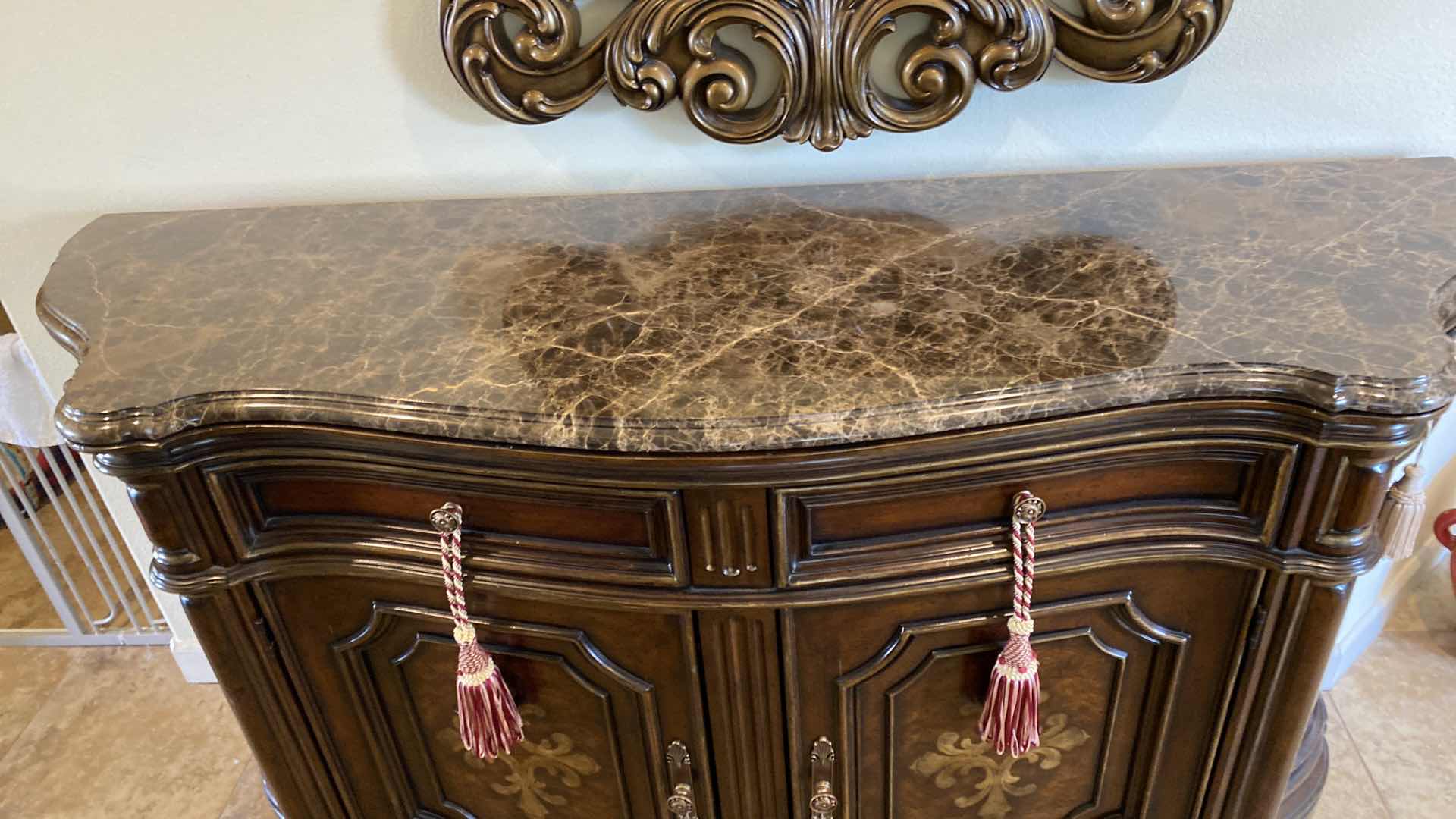Photo 2 of TRUMP HOME ORNATE WOOD AND MARBLE SIDEBOARD 76” x 23” H 42”
