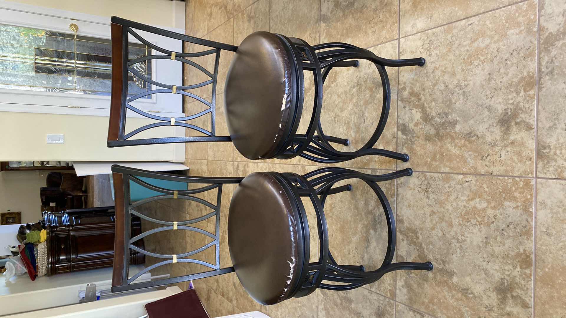 Photo 7 of PAIR OF IRON AND BONDED LEATHER COUNTER HEIGHT BARSTOOLS