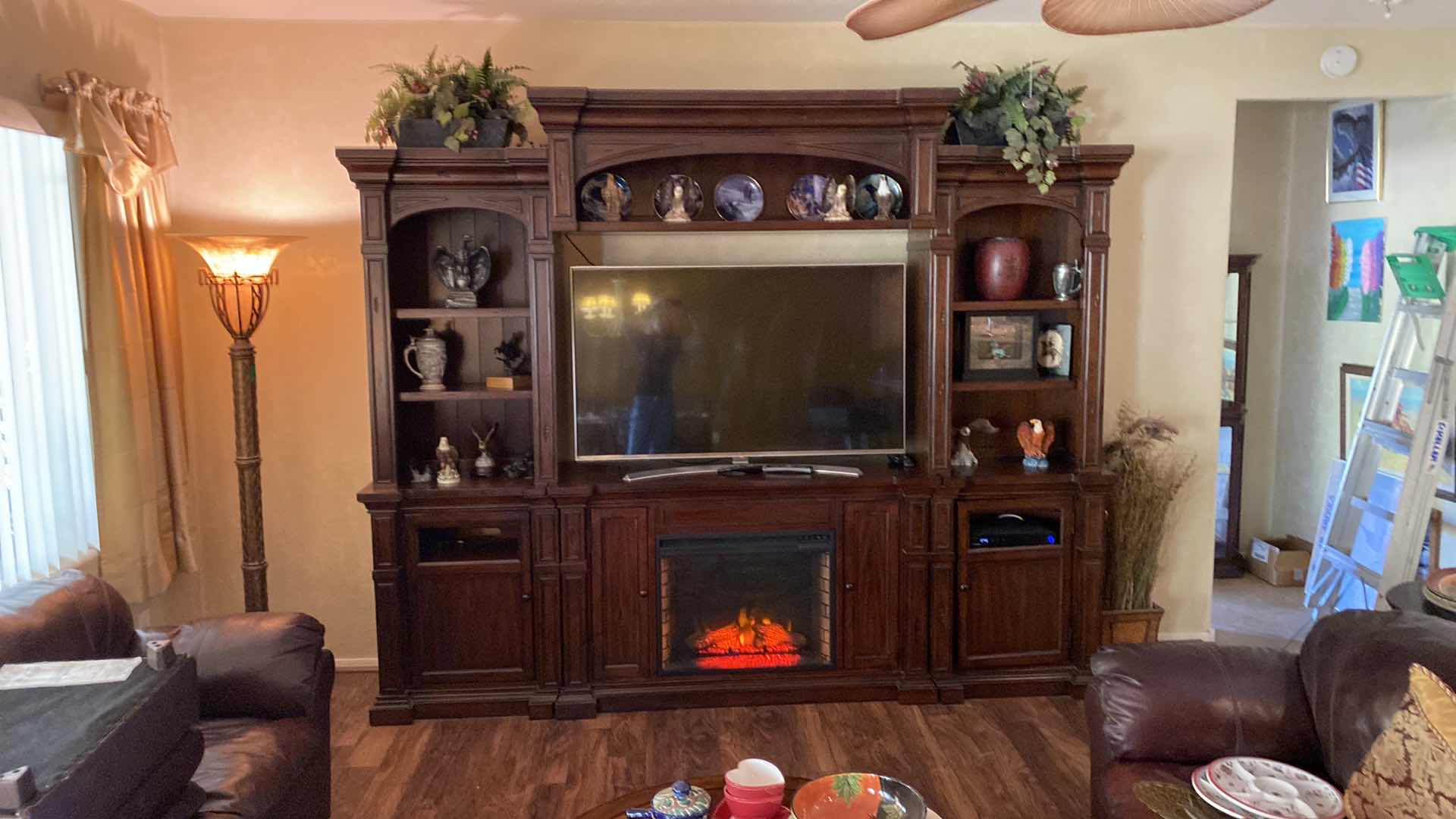 Photo 2 of 6 PIECE SOLID WOOD ENTERTAINMENT CENTER WITH ELECTRIC FIREPLACE 115” X 18” H 84” NOTE: GLASS AND DOOR PANEL FOR BOTTOM CABINET DOORS ARE IN BOXES!