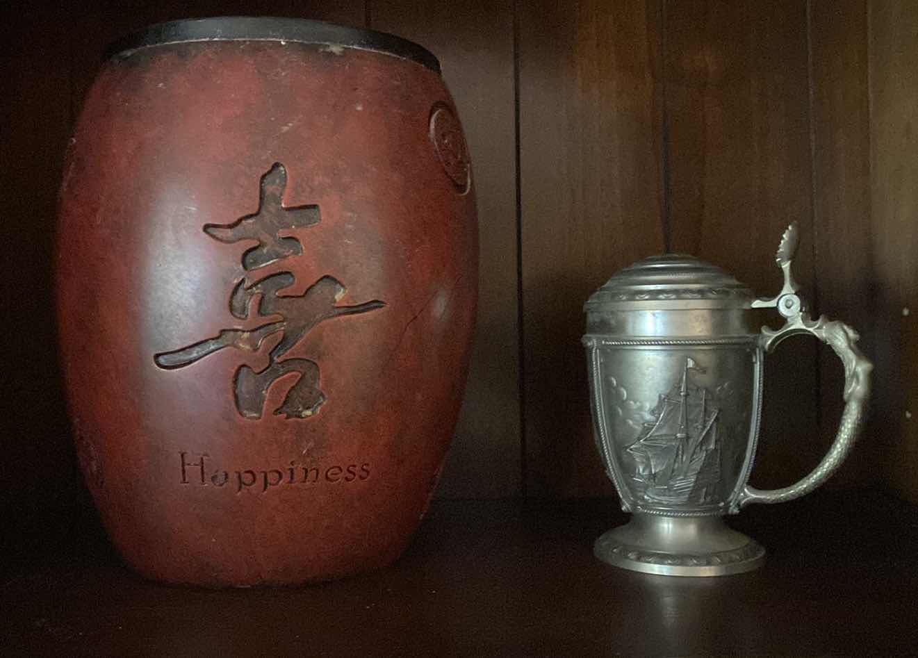 Photo 1 of HAPPINESS JAR H 10” AND PEWTER STEIN H 6”