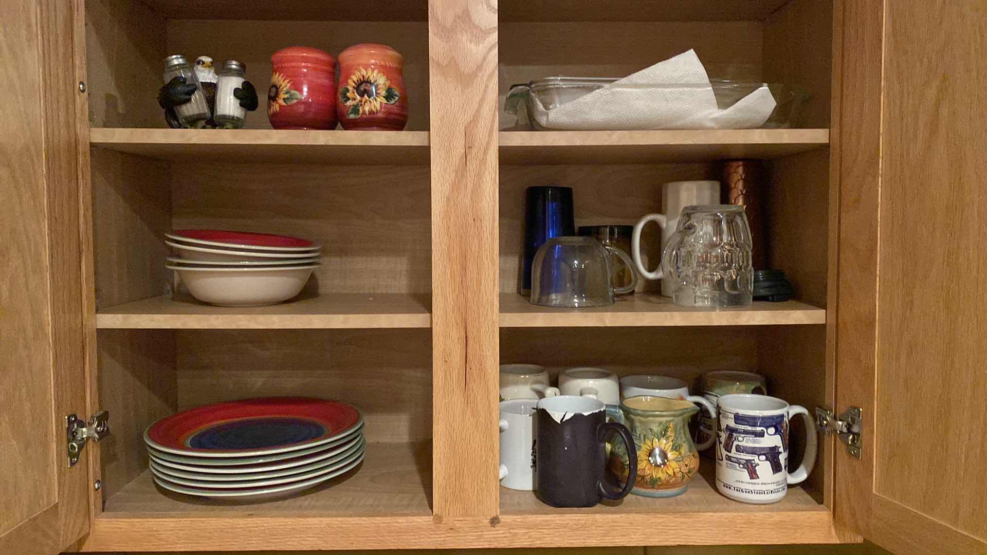 Photo 1 of CONTENTS KITCHEN CABINET CERAMIC DISHES COFFEE CUPS PYREX AND MORE