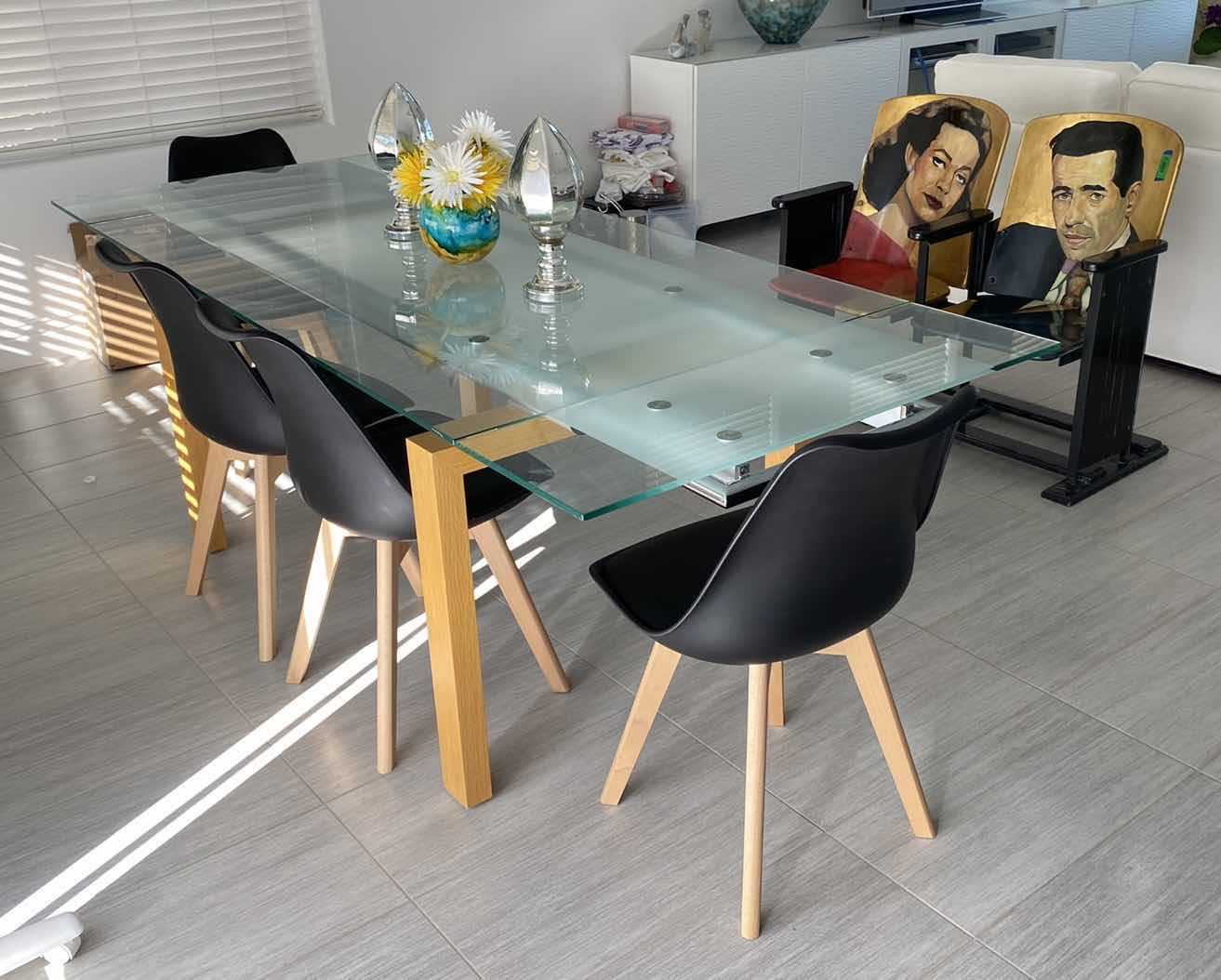 Photo 1 of MODERN FROSTED GLASS DINING TABLE WITH 4 CHAIRS 63“ x 35 1/2“ H 30” FULLY EXTENDED AS PICTURED  87” x 35 1/2” H 30”