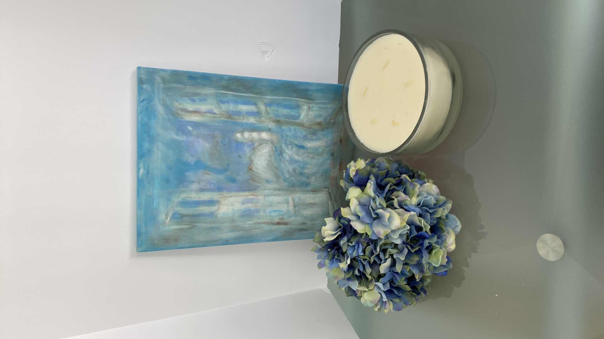 Photo 1 of BLUE HYDRANGEA CANDLE 8” AND 6 NAPKIN RINGS CANVAS ARTWORK 12” X 16”