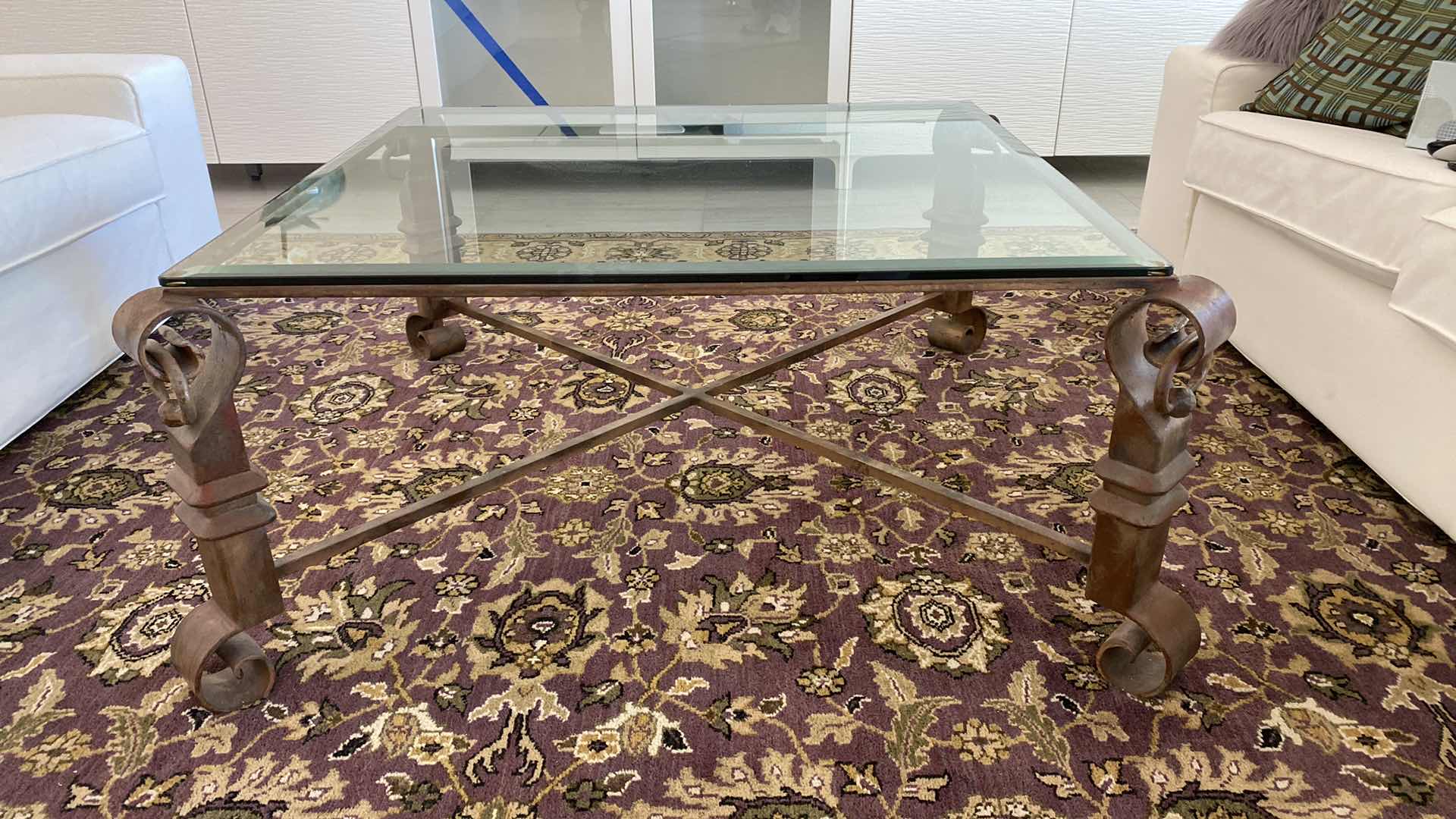 Photo 2 of BEVELED GLASS AND IRON COFFEE TABLE 41“ x 41“ H 18”