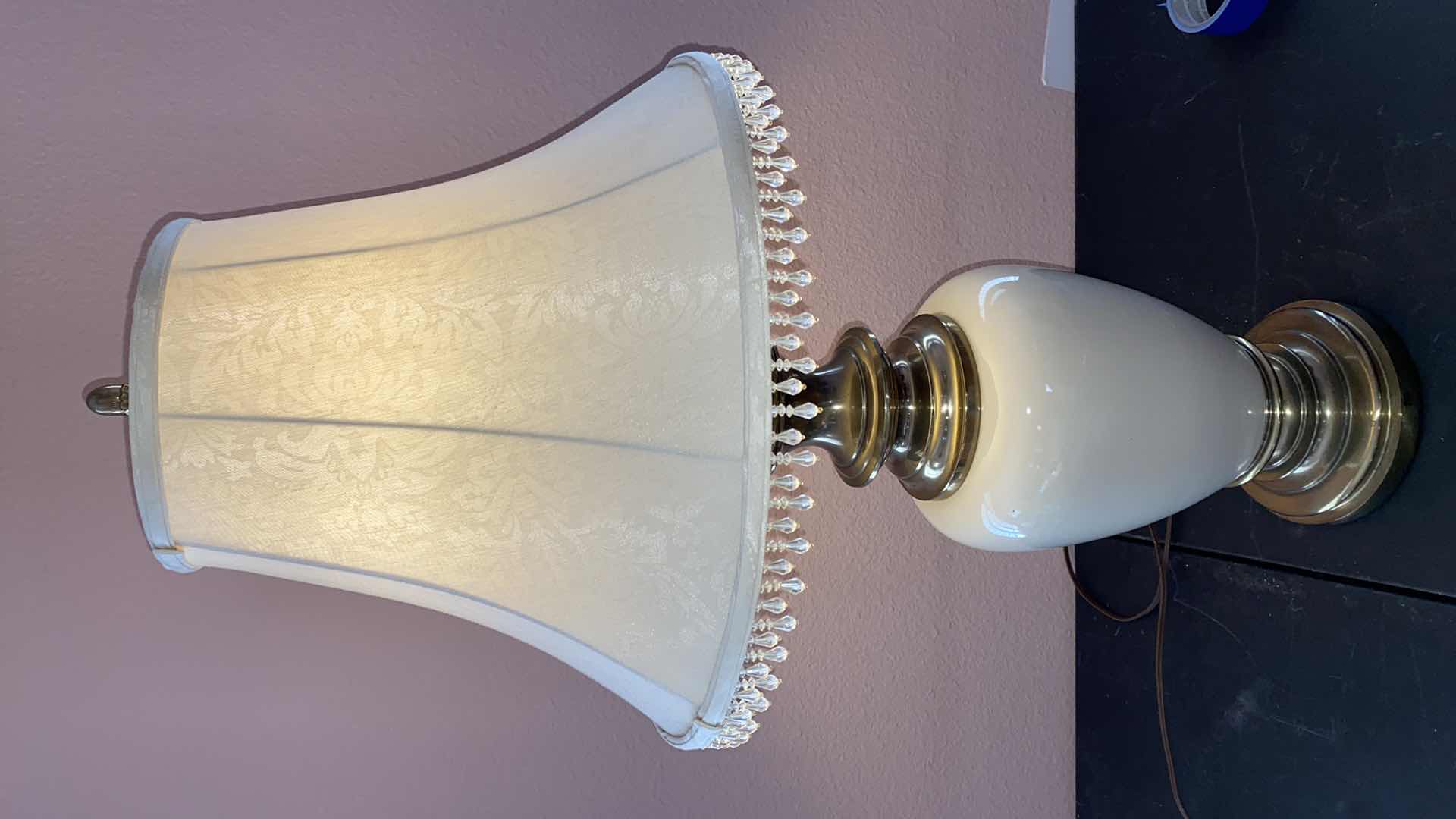 Photo 1 of GLASS CREAM COLOR TABLE LAMP W FABRIC SHADE H 34”