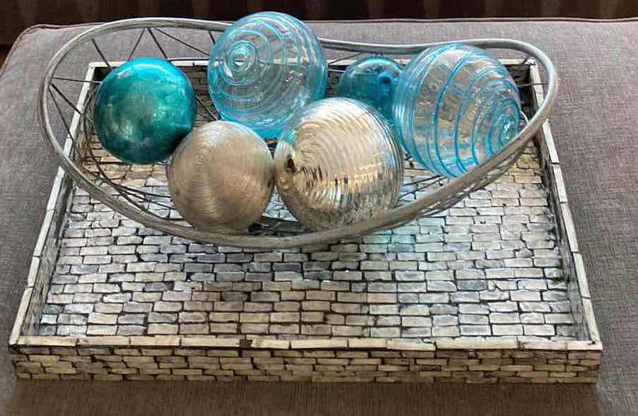 Photo 1 of MOSAIC TILE TRAY WITH BASKET OF GLASS BALLS 19 1/2“ x 13“