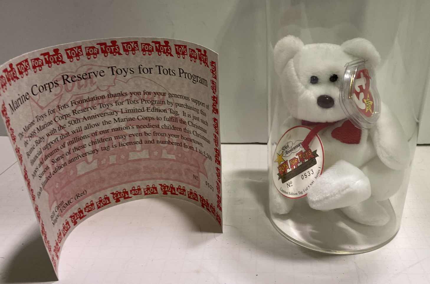 Photo 1 of RARE TOYS FOR TOTS 50th ANNIVERSARY TY VALENTINO BEAR #533/5,500 WITH COA, ORIGINAL COST $250