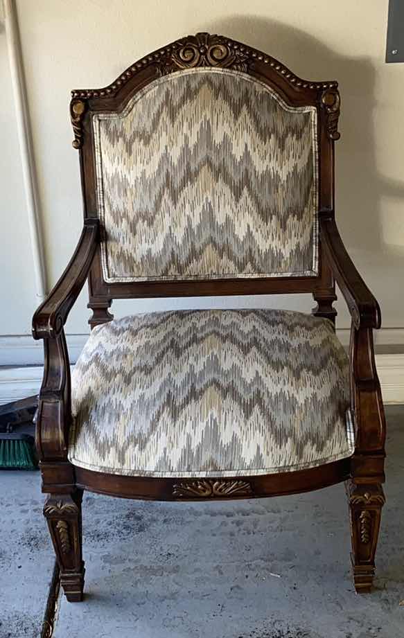 Photo 1 of ORNATE WOOD OCCASIONAL CHAIR REUPHOLSTERED WITH STAIN RESISTANT FABRIC ORIGINALLY $2,000