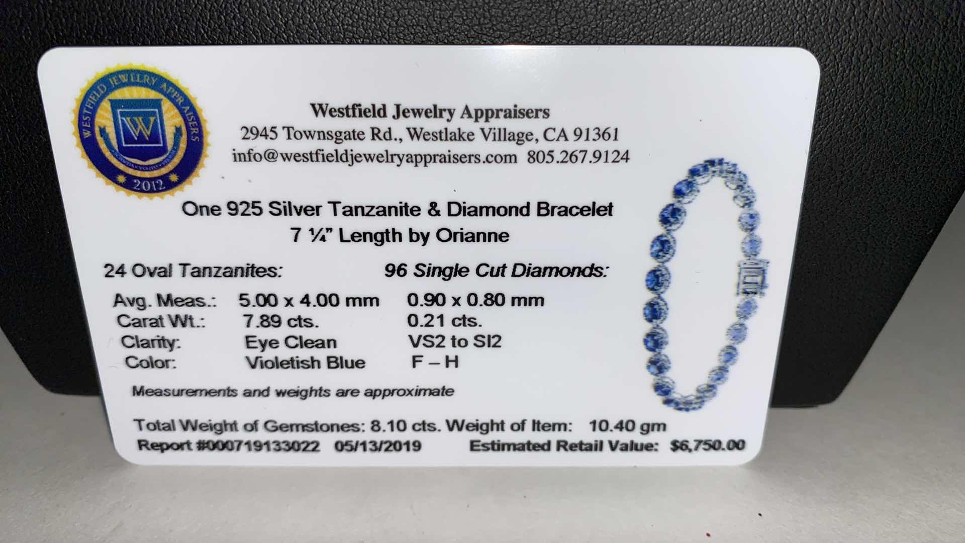 Photo 3 of ORIANNE 925 SILVER BRACELET WITH 7.89 CTS TANZANITE .21 CTS DIAMOND WITH APPRAISAL