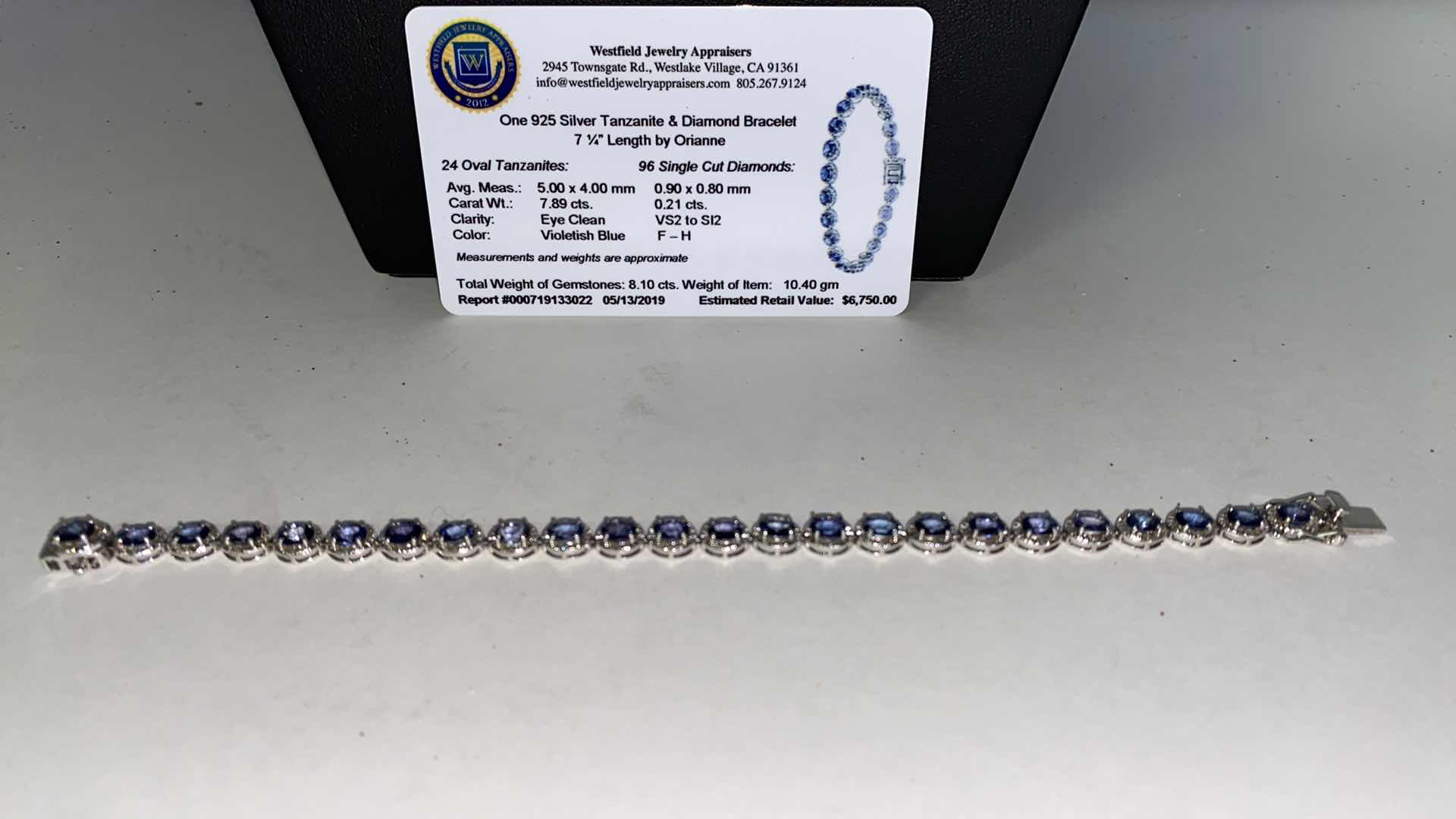 Photo 4 of ORIANNE 925 SILVER BRACELET WITH 7.89 CTS TANZANITE .21 CTS DIAMOND WITH APPRAISAL