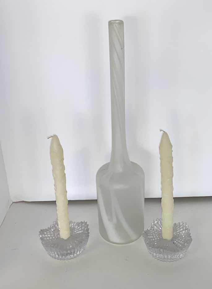 Photo 1 of MIKASA CRYSTAL CANDLESTICKS WITH CANDLES AND ART-GLASS VASE H 19”