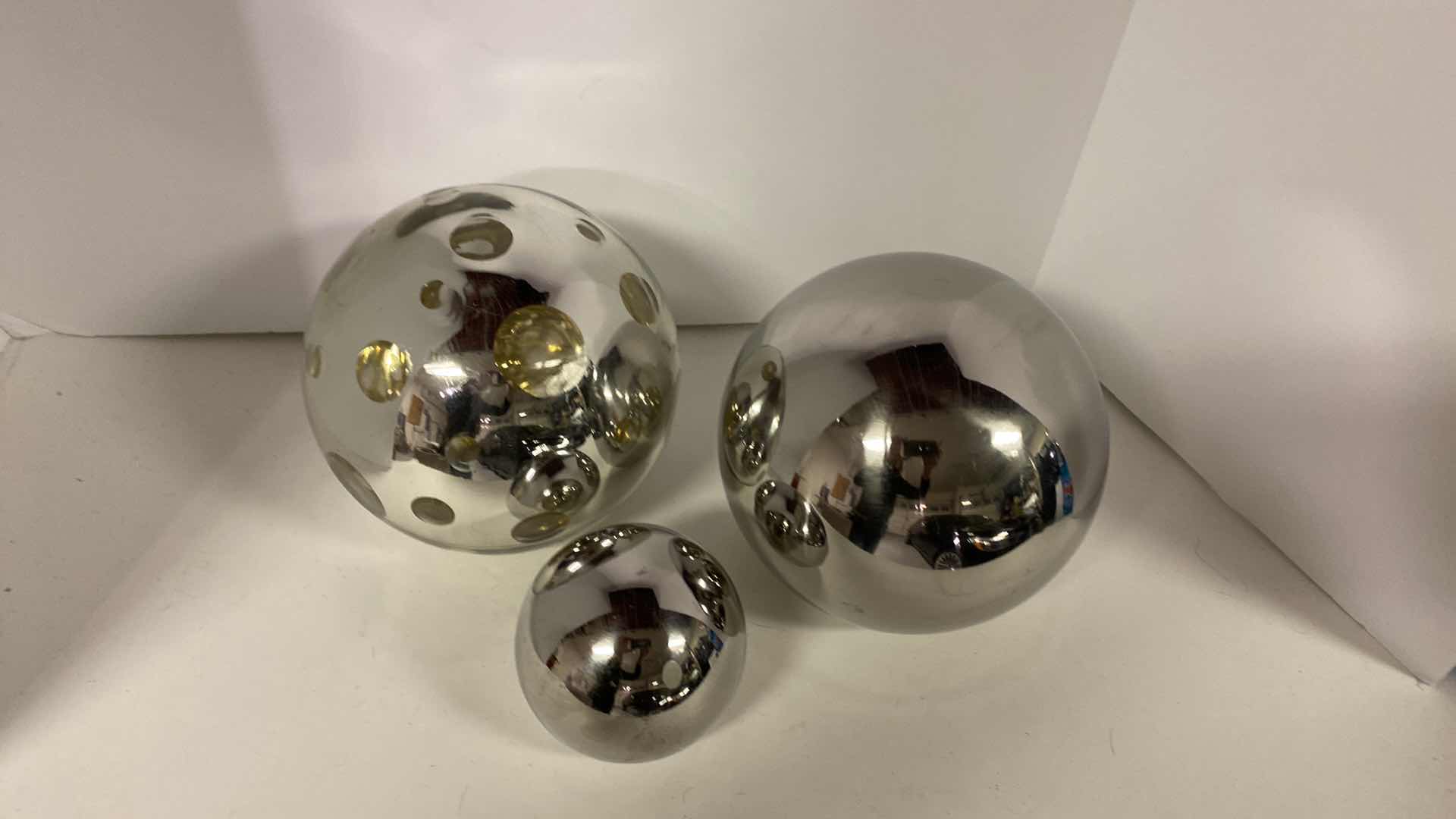 Photo 1 of 3-GLASS SILVER SPHERES LARGEST 6.5”
