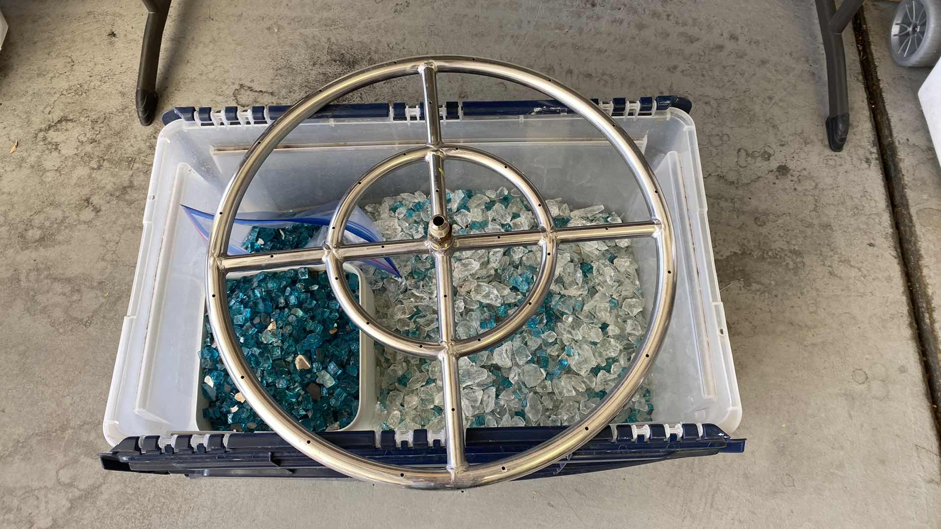 Photo 2 of $350 LARGE CRATE OF FIRE PIT GLASS AND 18” RING FOR FIRE PIT