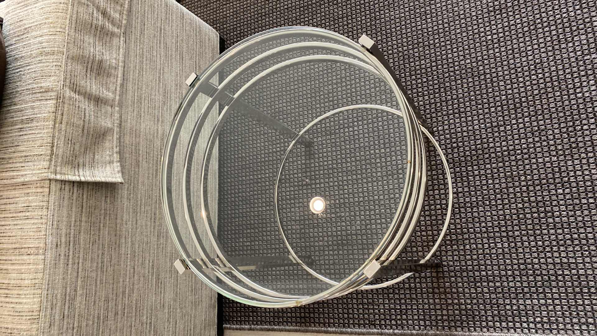 Photo 3 of MODERN ROUND NICKEL AND GLASS SIDE TABLE 18” x 21”