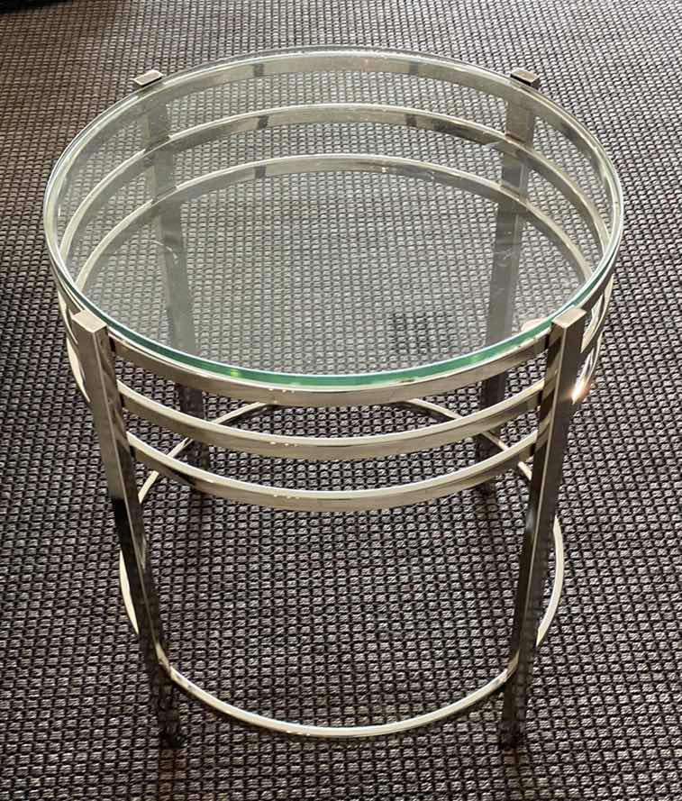 Photo 1 of MODERN ROUND NICKEL AND GLASS SIDE TABLE 18” x 21”