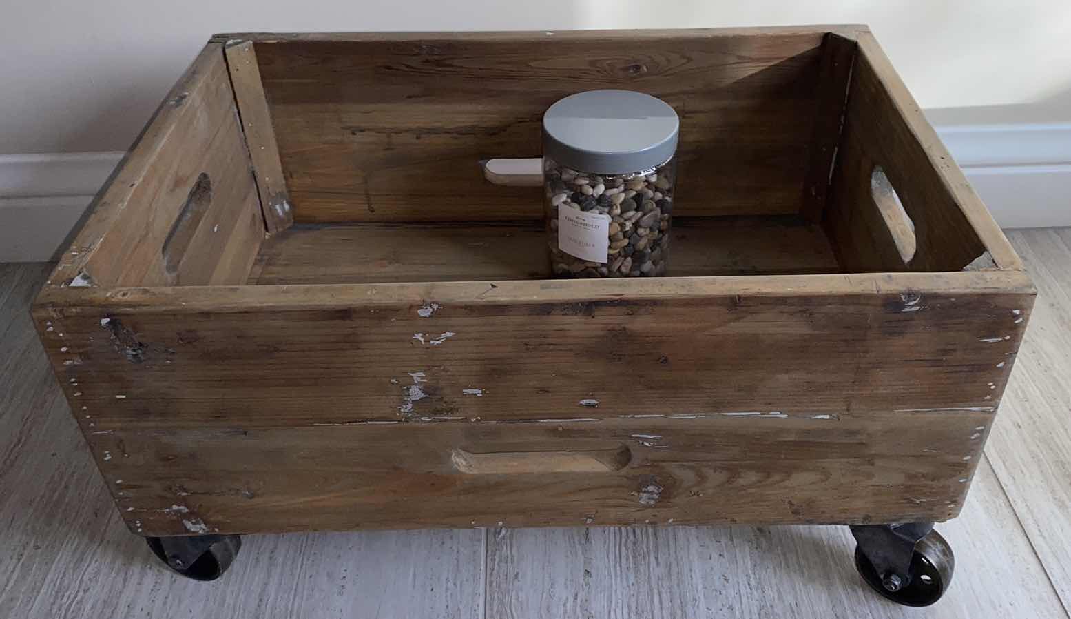 Photo 1 of ROLLING WOOD BOX  23 1/2“ x 16“ H 12 “ AND JAR OF ROCK DECOR