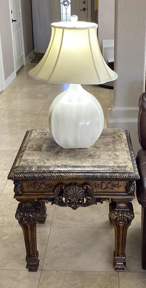 Photo 1 of ORNATE WOOD AND EMPERADOR PIECED MARBLE END TABLE 28” x 28” H 28”