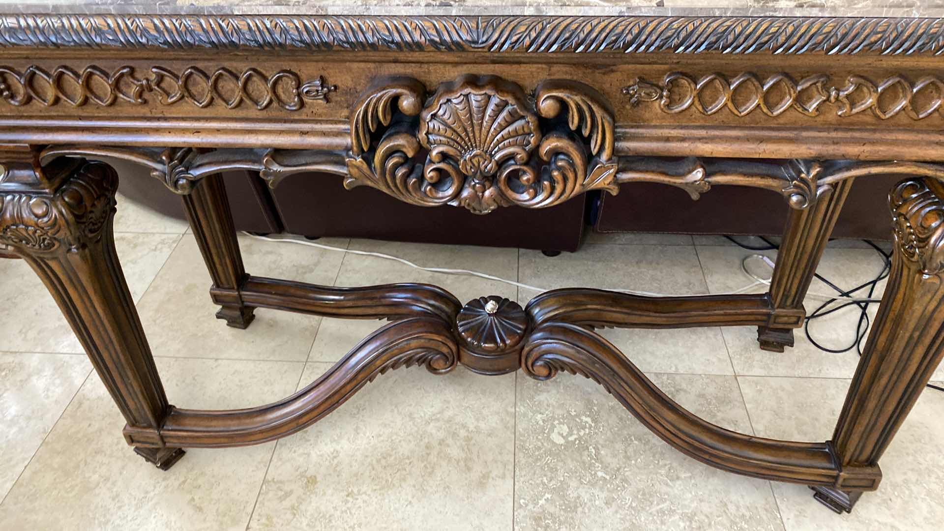 Photo 2 of ORNATE WOOD AND PIECED EMPERADOR MARBLE TOP CONSOLE TABLE 54 1/2“ x 21 1/2“ H 35 1/2”