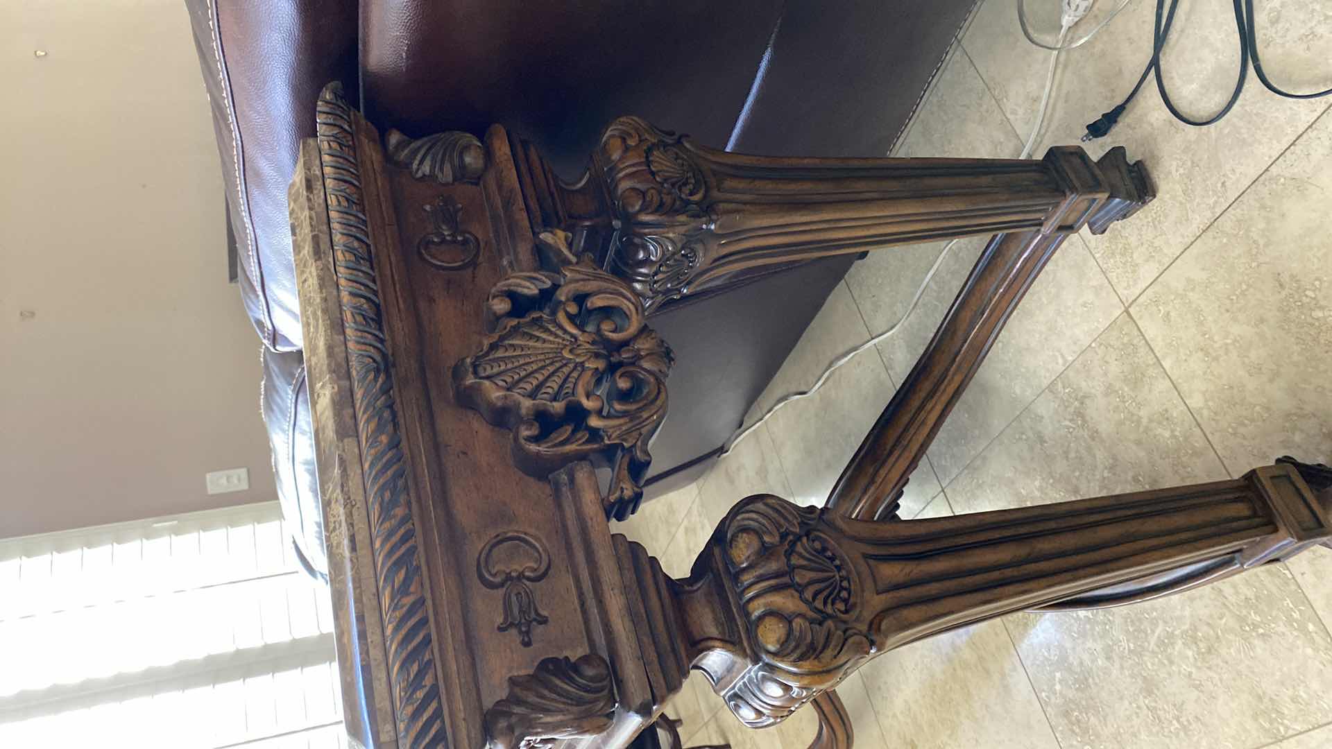 Photo 4 of ORNATE WOOD AND PIECED EMPERADOR MARBLE TOP CONSOLE TABLE 54 1/2“ x 21 1/2“ H 35 1/2”