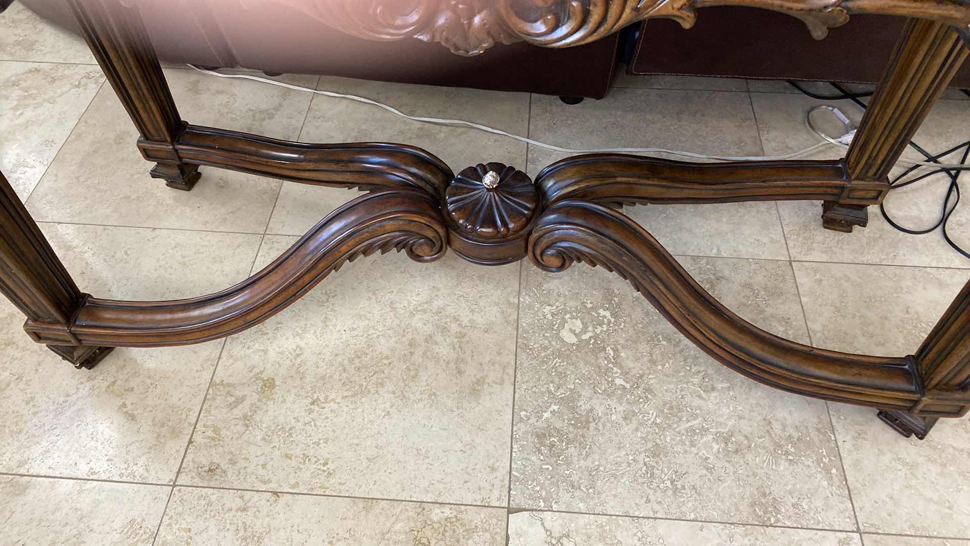 Photo 3 of ORNATE WOOD AND PIECED EMPERADOR MARBLE TOP CONSOLE TABLE 54 1/2“ x 21 1/2“ H 35 1/2”