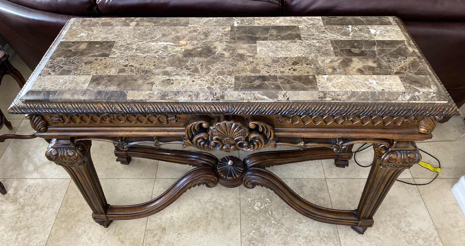 Photo 1 of ORNATE WOOD AND PIECED EMPERADOR MARBLE TOP CONSOLE TABLE 54 1/2“ x 21 1/2“ H 35 1/2”