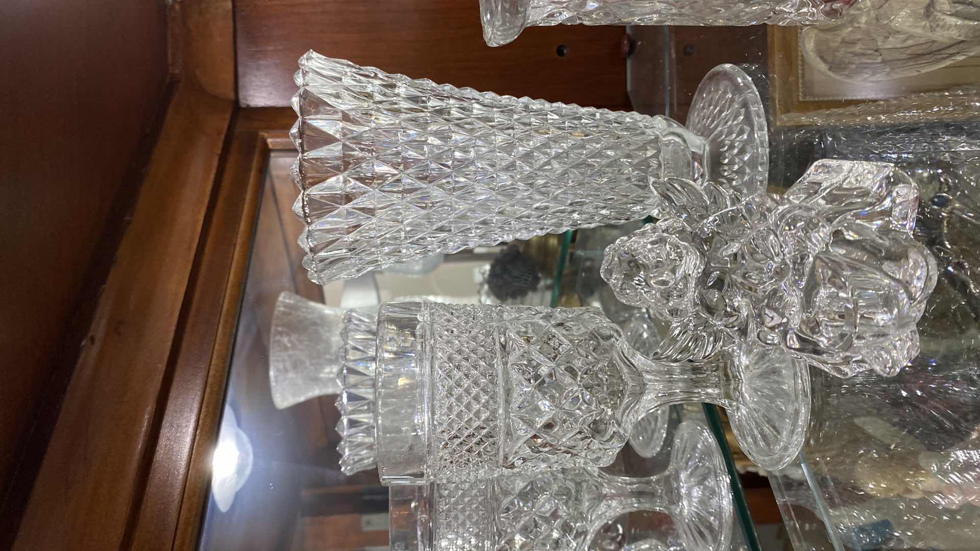 Photo 2 of SHELF CRYSTAL ASSORTMENT AND GLASS HURRICANE