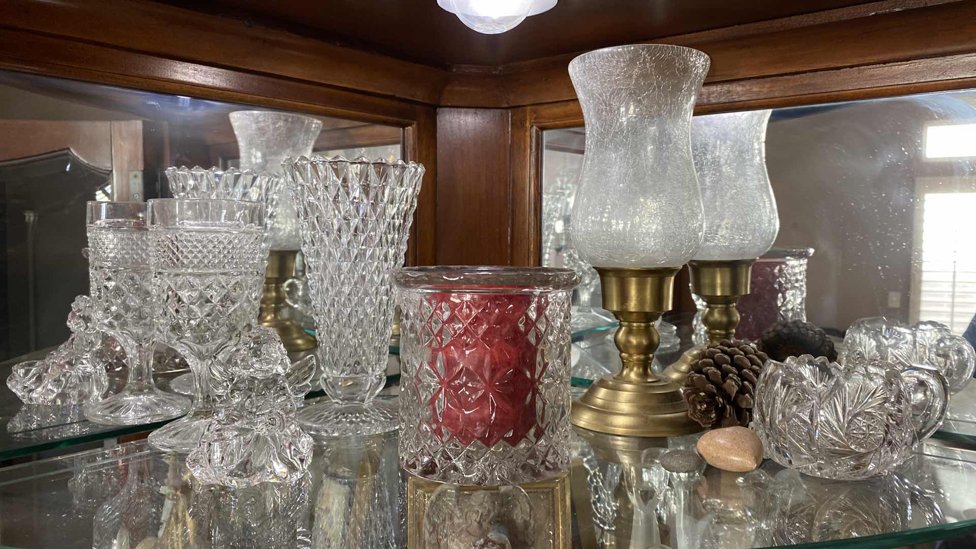 Photo 1 of SHELF CRYSTAL ASSORTMENT AND GLASS HURRICANE