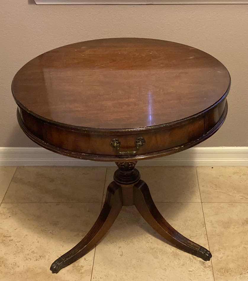 Photo 1 of VINTAGE WOOD ROUND TABLE 28” x 28” SCRATCHES AND SHOWS WEAR