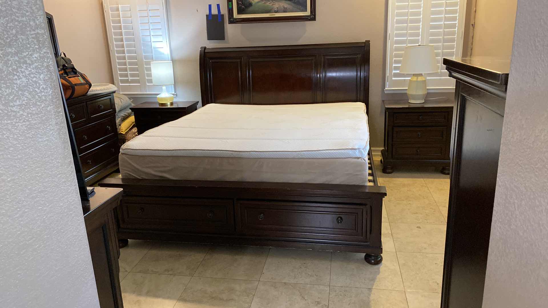 Photo 2 of KING/CAL KING SLEIGH-BED WITH 2 STORAGE DRAWERS 81 1/2” x 94” H 57” AND 2 NIGHT STANDS 29” x 18” H 30” (LAMPS AND MATTRESS SOLD SEPARATELY)